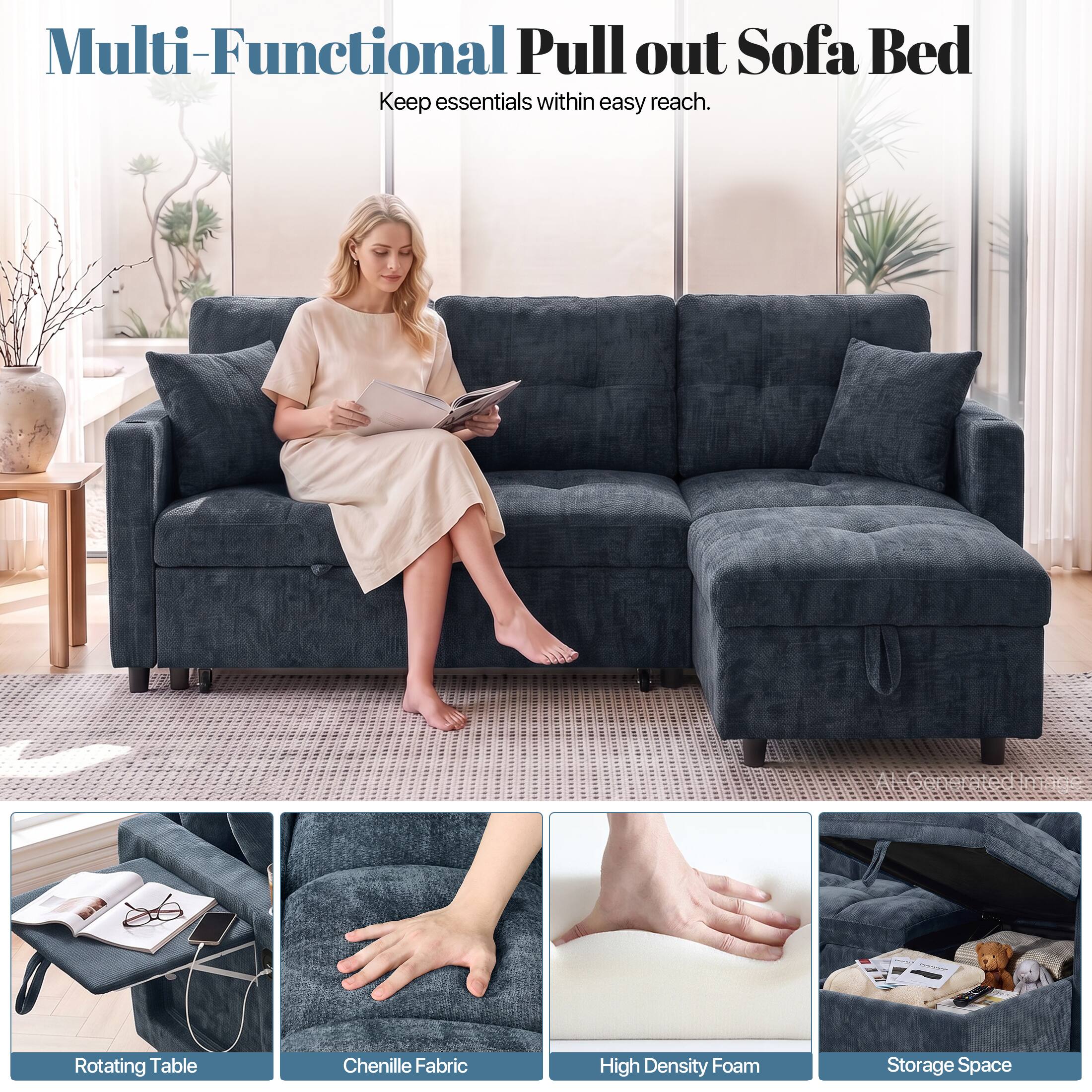 Multi-Functional Pull out Sofa Bed  
Keep essentials within easy reach.  
Rotating Table  
Chenille Fabric  
High Density Foam  
Storage Space