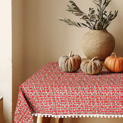 Front. Oumilen - 59x70.8in Rectangle Christmas Red Plaid Tablecloth with White Pom Pom Fringe – Winter Snowflake for Holiday Decor - Multicolor.