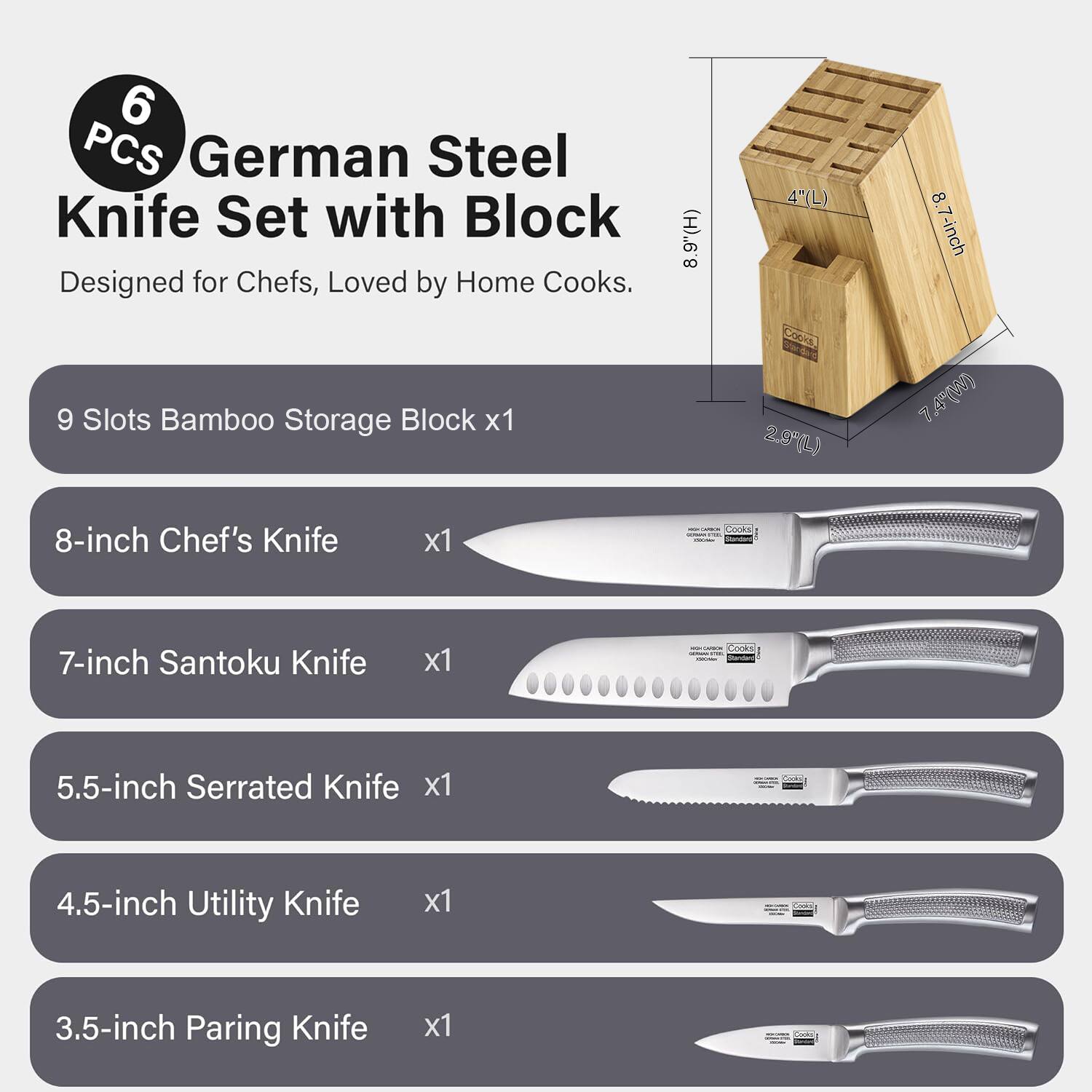 6 PCS German Steel Knife Set with Block Designed for Chefs, Loved by Home Cooks. 9 Slots Bamboo Storage Block x1 8-inch Chef's Knife x1 7-inch Santoku Knife x1 5.5-inch Serrated Knife x1 4.5-inch Utility Knife x1 3.5-inch Paring Knife x1