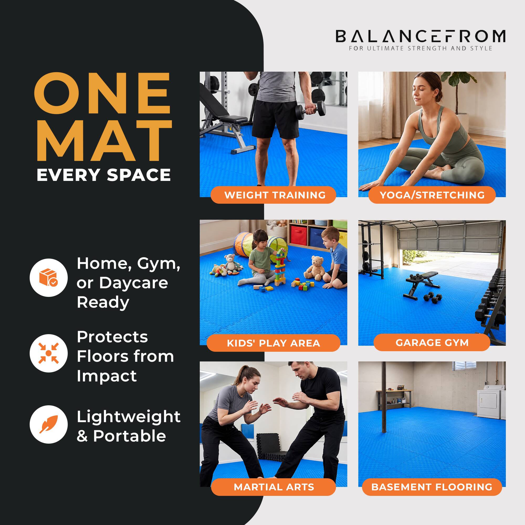 BALANCEFROM FOR ULTIMATE STRENGTH AND STYLE

ONE MAT EVERY SPACE

- WEIGHT TRAINING
- YOGA/STRETCHING
- KIDS' PLAY AREA
- GARAGE GYM
- MARTIAL ARTS
- BASEMENT FLOORING

Home, Gym, or Daycare Ready
Protects Floors from Impact
Lightweight & Portable