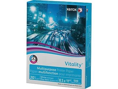 Xerox Vitality Multipurpose Printer Paper  
20 lb  
8.5 x 11"  
500 sheets  
Whiter than standard  
Plus blanc que le standard  
Made in USA
