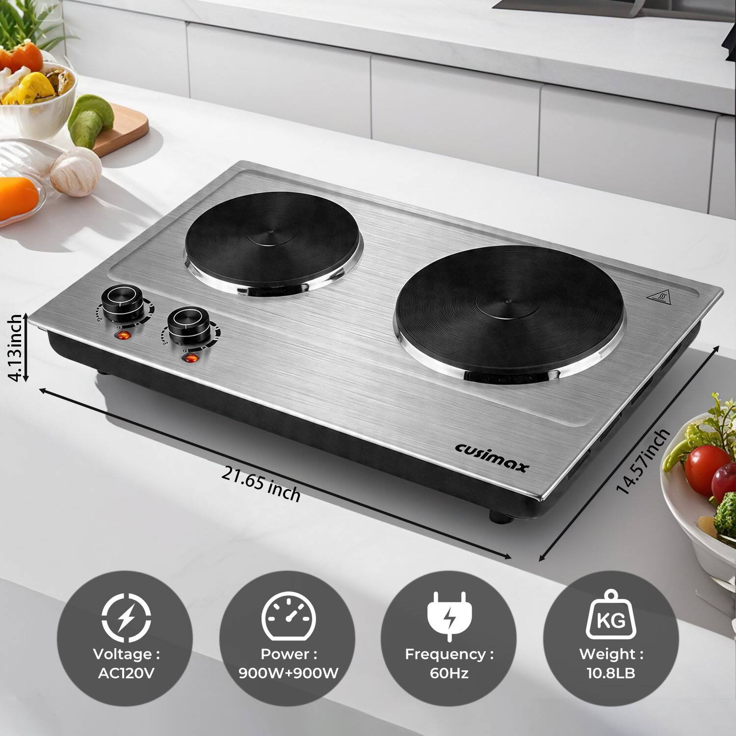 4.13 inch  
21.65 inch  
14.57 inch  

cusimax  

Voltage: AC120V  
Power: 900W+900W  
Frequency: 60Hz  
Weight: 10.8LB