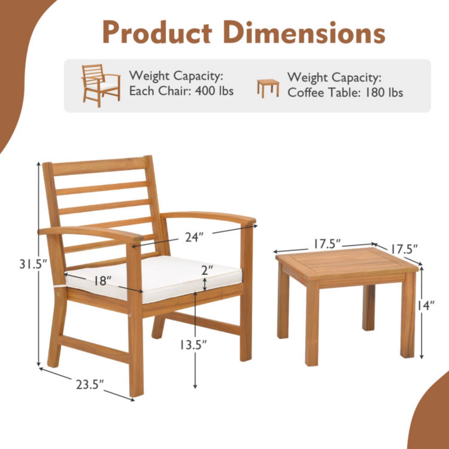 Product Dimensions

Weight Capacity:
- Each Chair: 400 lbs
- Coffee Table: 180 lbs

Dimensions:
- Chair: 31.5" H x 18" W x 24" D, Seat Height: 13.5", Seat Depth: 17.5", Armrest Height: 23.5"
- Coffee Table: 17.5" W x 17.5" D x 14" H
