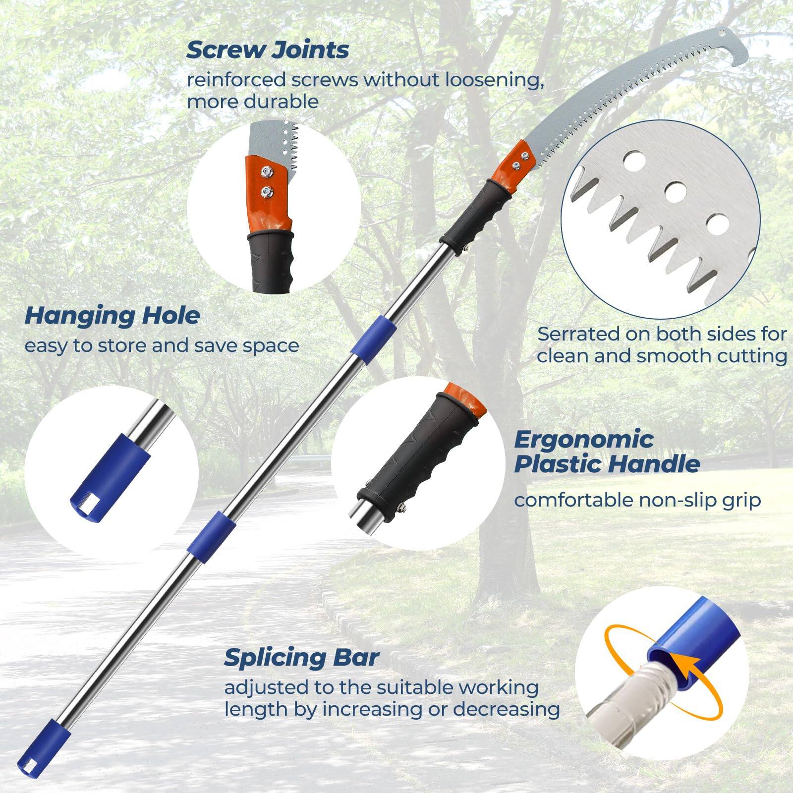 - **Screw Joints**  
  reinforced screws without loosening, more durable

- **Hanging Hole**  
  easy to store and save space

- **Serrated on both sides**  
  for clean and smooth cutting

- **Ergonomic Plastic Handle**  
  comfortable non-slip grip

- **Splicing Bar**  
  adjusted to the suitable working length by increasing or decreasing