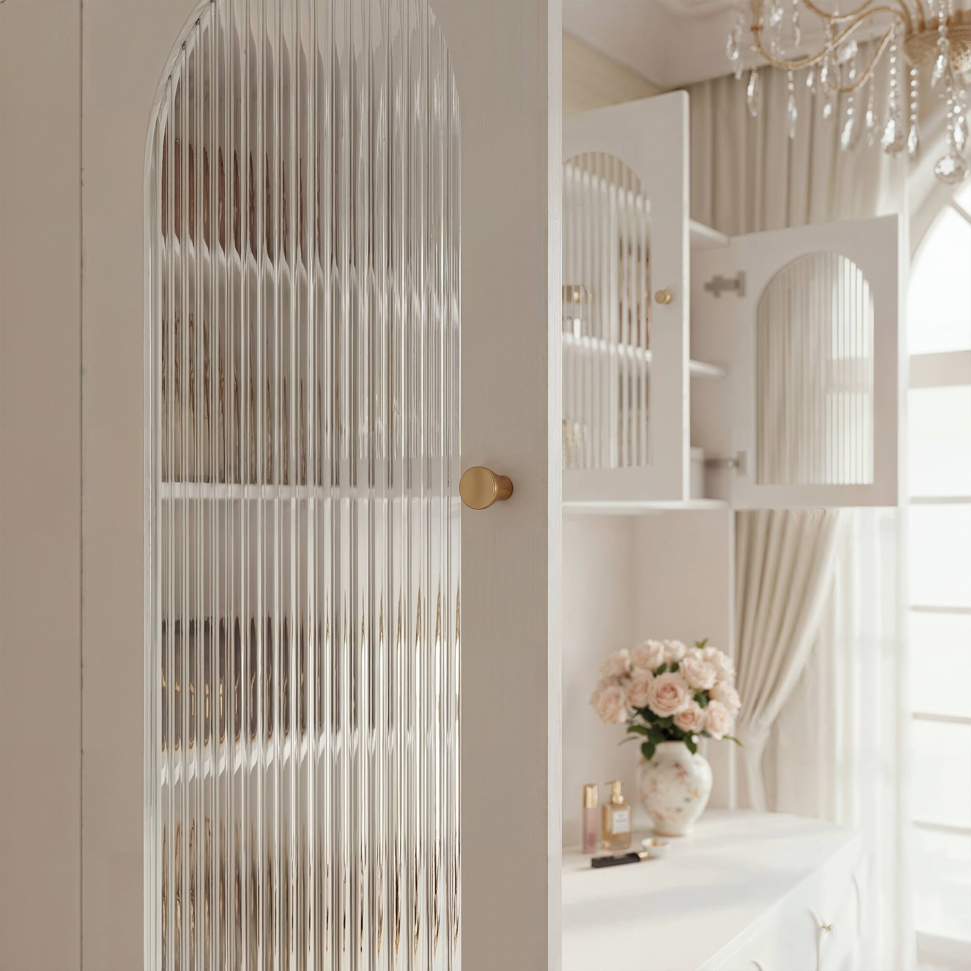 Alt View 7. Famapy - French Vintage Vanity & Desk Combo – White Arched Cabinet with Drawer, Glass Doors, for Bedroom or Home Office - White.