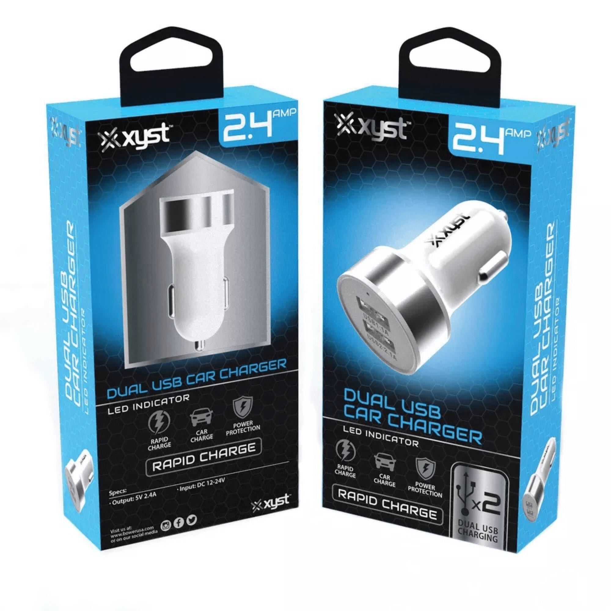 **xyst**

**2.4 AMP**

**DUAL USB CAR CHARGER**

**LED INDICATOR**

**RAPID CHARGE**

**CAR CHARGE**

**POWER PROTECTION**

**Spec:**

**Input: DC 12-24V**

**Output: 5V 2.4A**

**DUAL USB CHARGING**

**x2**