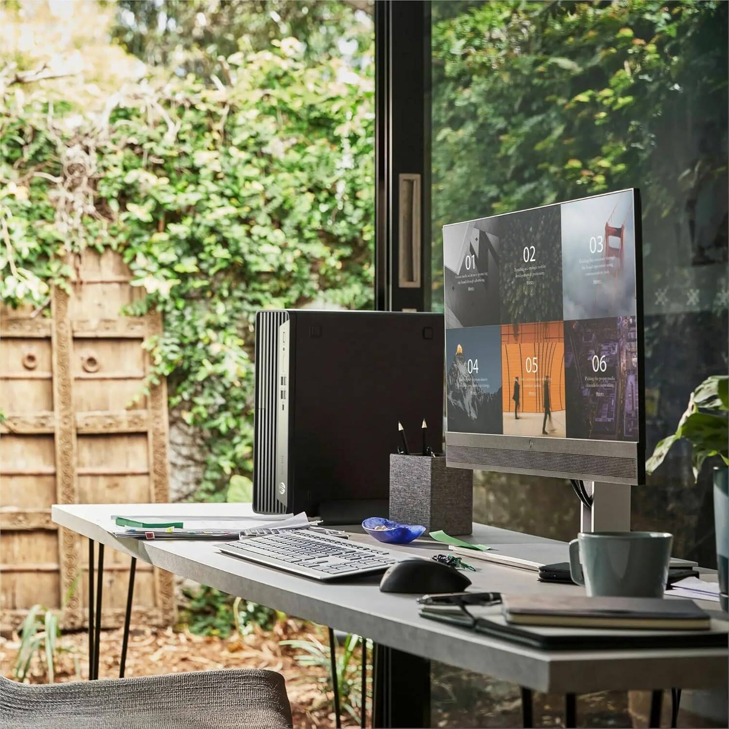 Alt View 4. HP - HP Elite SFF G9 Desktop: Ryzen 5 8500G, 8GB DDR5, 256GB SSD, WiFi, Bluetooth, HDMI, Windows 11 Pro, Wired KB & Mouse - Black.