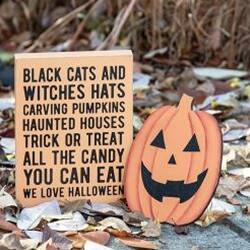 BLACK CATS AND WITCHES HATS  
CARVING PUMPKINS  
HAUNTED HOUSES  
TRICK OR TREAT  
ALL THE CANDY YOU CAN EAT  
WE LOVE HALLOWEEN