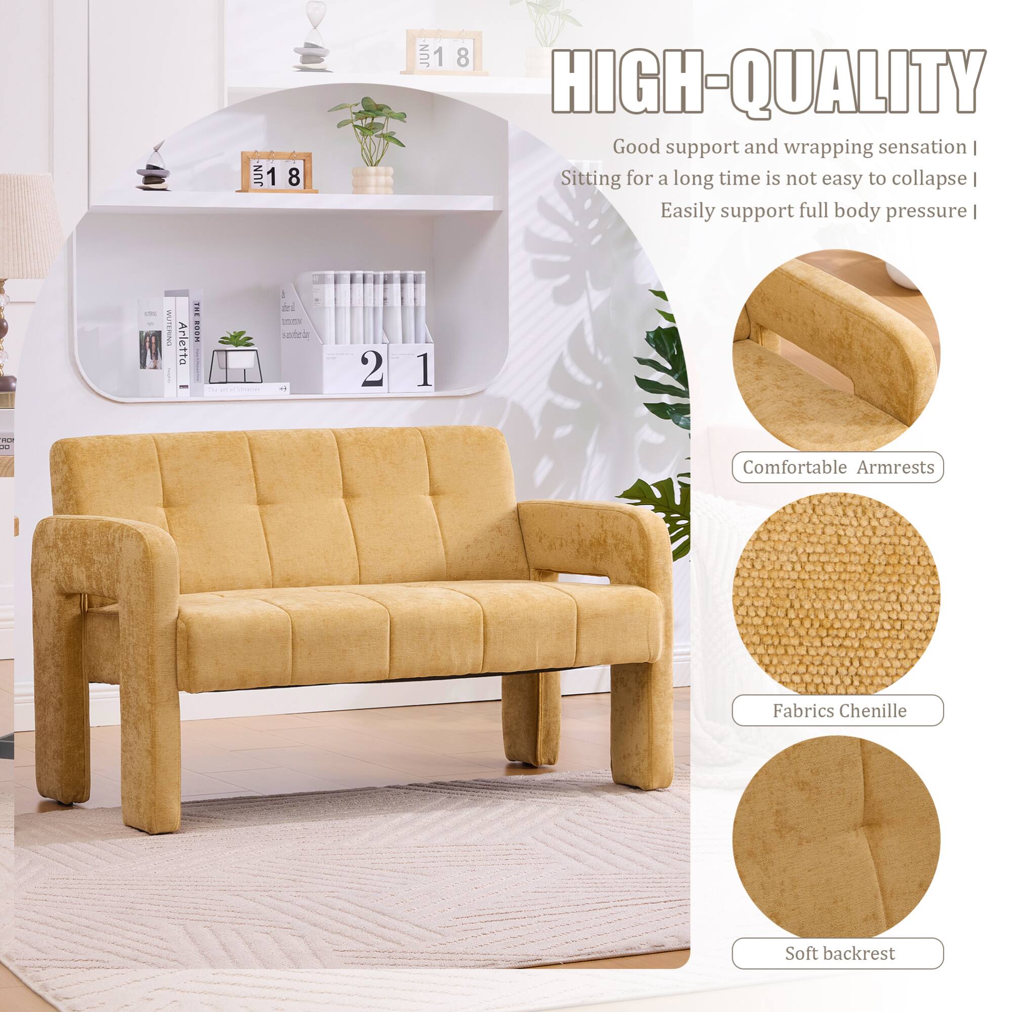 Sure, here is the corrected and grouped text from the image:

---

**HIGH-QUALITY**

- Good support and wrapping sensation
- Sitting for a long time is not easy to collapse
- Easily support full body pressure

**Comfortable Armrests**

**Fabrics Chenille**

**Soft backrest**

---