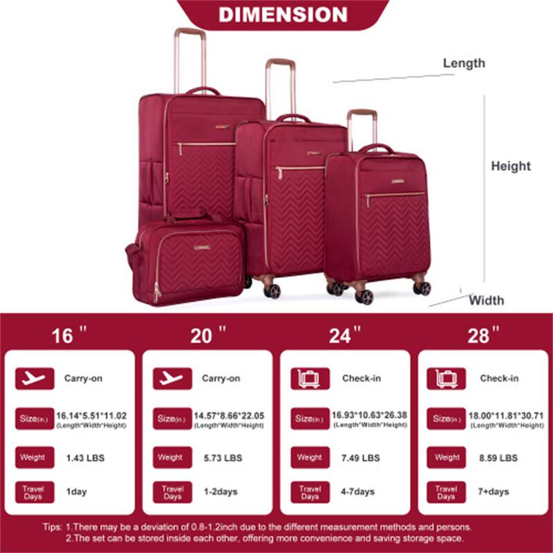 DIMENSION  
Length Height Width  
16" 20" 24" 28"  

Carry-on  
Size: 16.14" x 5.51" x 11.02" (Length x Width x Height)  
Weight: 1.43 LBS  
Travel Days: 1 day  

Carry-on  
Size: 14.57" x 8.66" x 22.05" (Length x Width x Height)  
Weight: 5.73 LBS  
Travel Days: 1-2 days  

Check-in  
Size: 16.93" x 10.63" x 26.38" (Length x Width x Height)  
Weight: 7.49 LBS  
Travel Days: 4-7 days  

Check-in  
Size: 18.00" x 11.81" x 30.71" (Length x Width x Height)  
Weight: 8.59 LBS  
Travel Days: 7+ days  

Tips:  
1. There may be a deviation of 0.8-