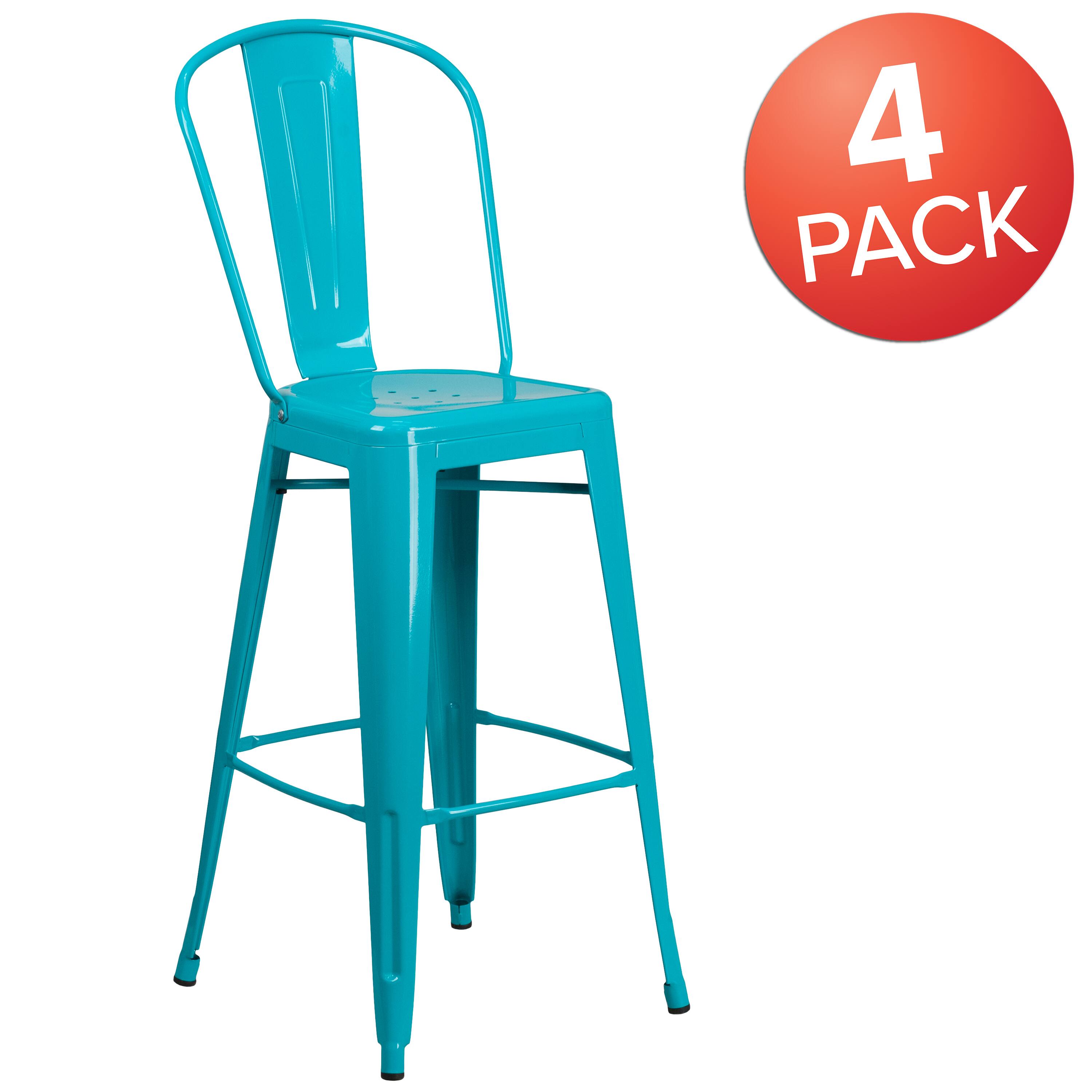 Alt View 1. Emma + Oliver - Commercial Grade 4 Pack 30" High Metal Indoor-Outdoor Barstool with Back - Crystal Teal-Blue.
