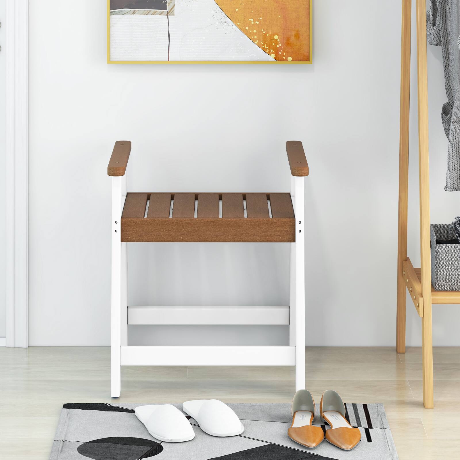 Alt View 1. Costway - Heavy Duty Waterproof HDPE Shower Bench Bathroom Shower Chair with Armrest - Brown + White.