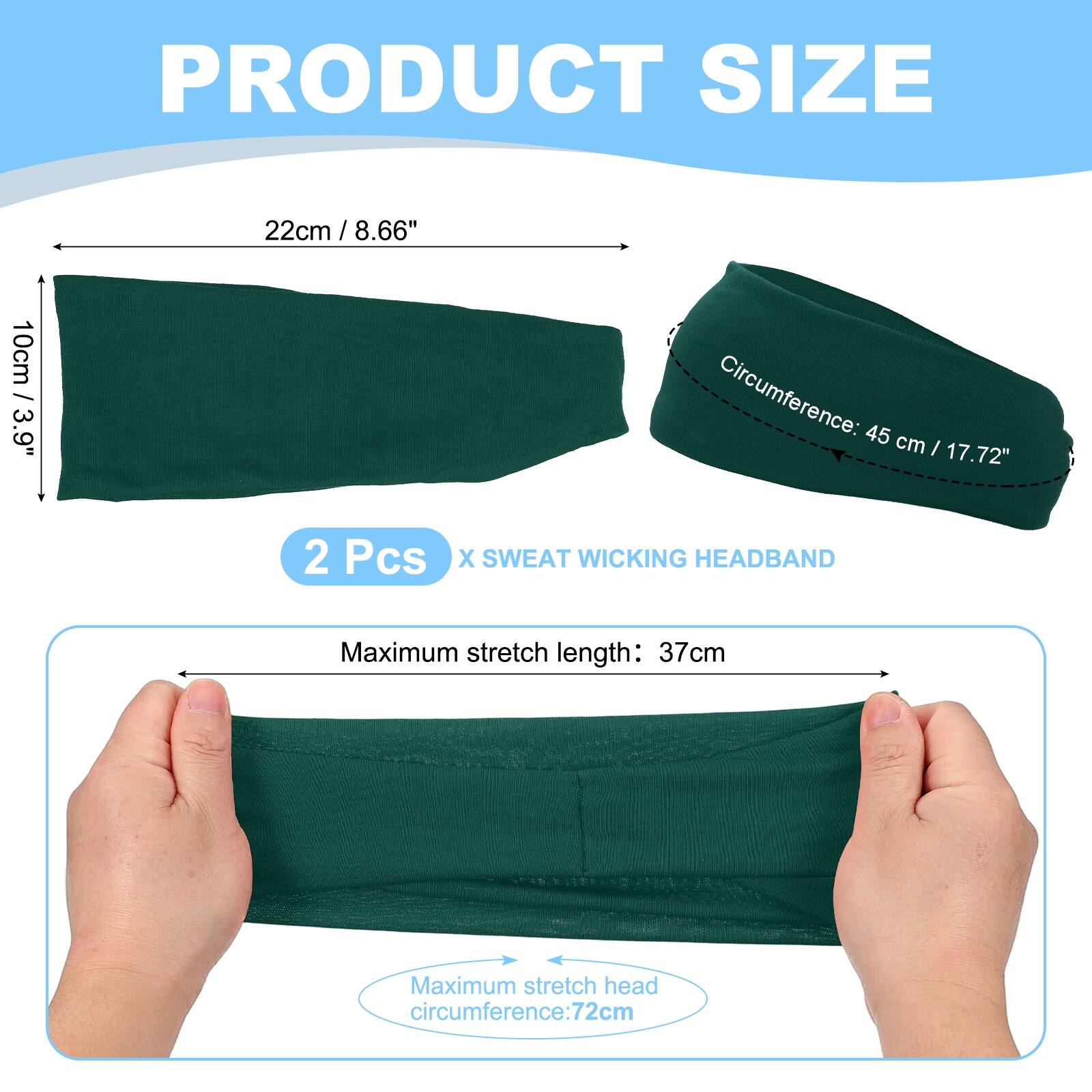 PRODUCT SIZE

22cm / 8.66"  
10cm / 3.9"  
Circumference: 45 cm / 17.72"  

2 Pcs X SWEAT WICKING HEADBAND  

Maximum stretch length: 37cm  
Maximum stretch head circumference: 72cm