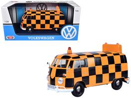 Volkswagen Type 2 (T1) Airport Runway Delivery Van Checkered 1/24 Diecast Model Car by Motormax - Black and Orange