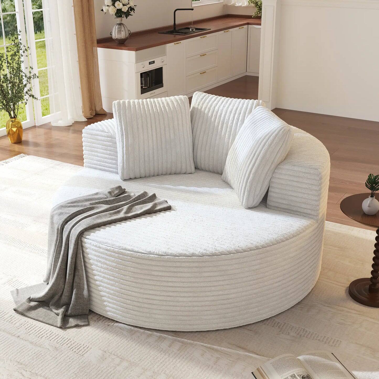 Angle. Yardgrace - Oversized Round Lazy Sofa Chair,Corduroy Deep Seat Single Sleeper Sofas, Upholstered Chaise, Cloud Couch for Living Room - White.