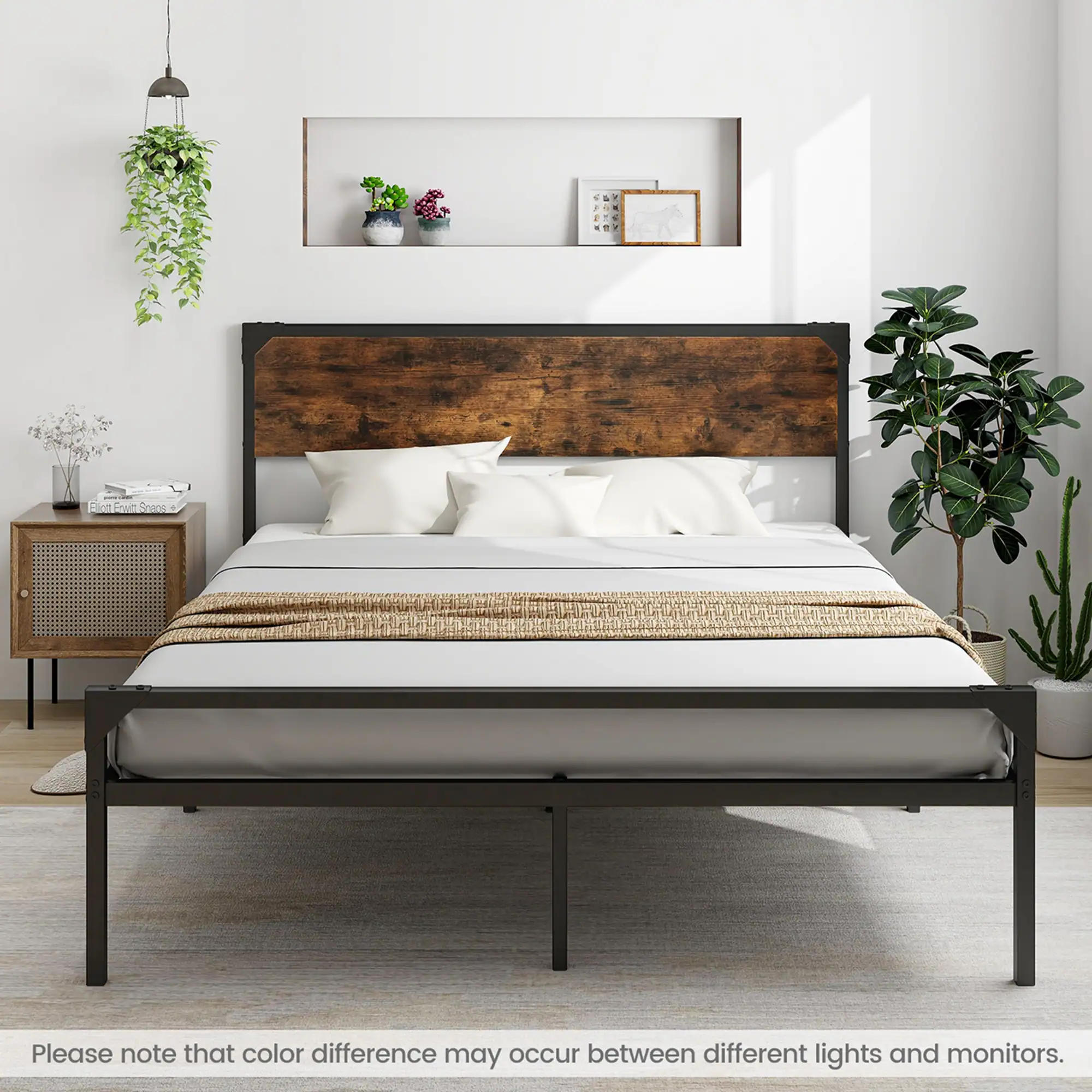 Alt View 3. Costway - Costway Platform Queen Bed with Rustic Headboard & Footboard Strong Metal Slat Support - Rustic Brown,Black.