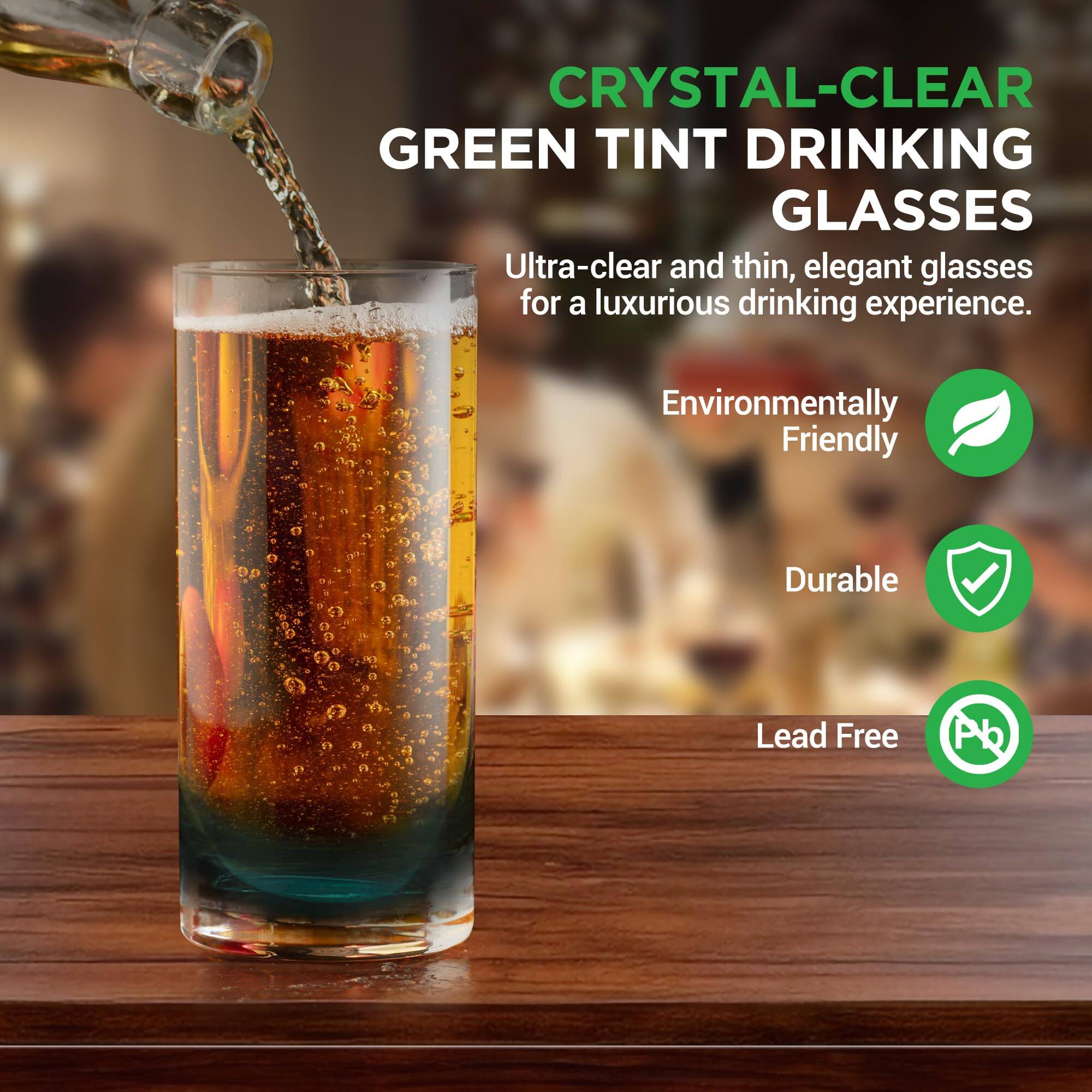 CRYSTAL-CLEAR GREEN TINT DRINKING GLASSES

Ultra-clear and thin, elegant glasses for a luxurious drinking experience.

Environmentally Friendly

Durable

Lead Free