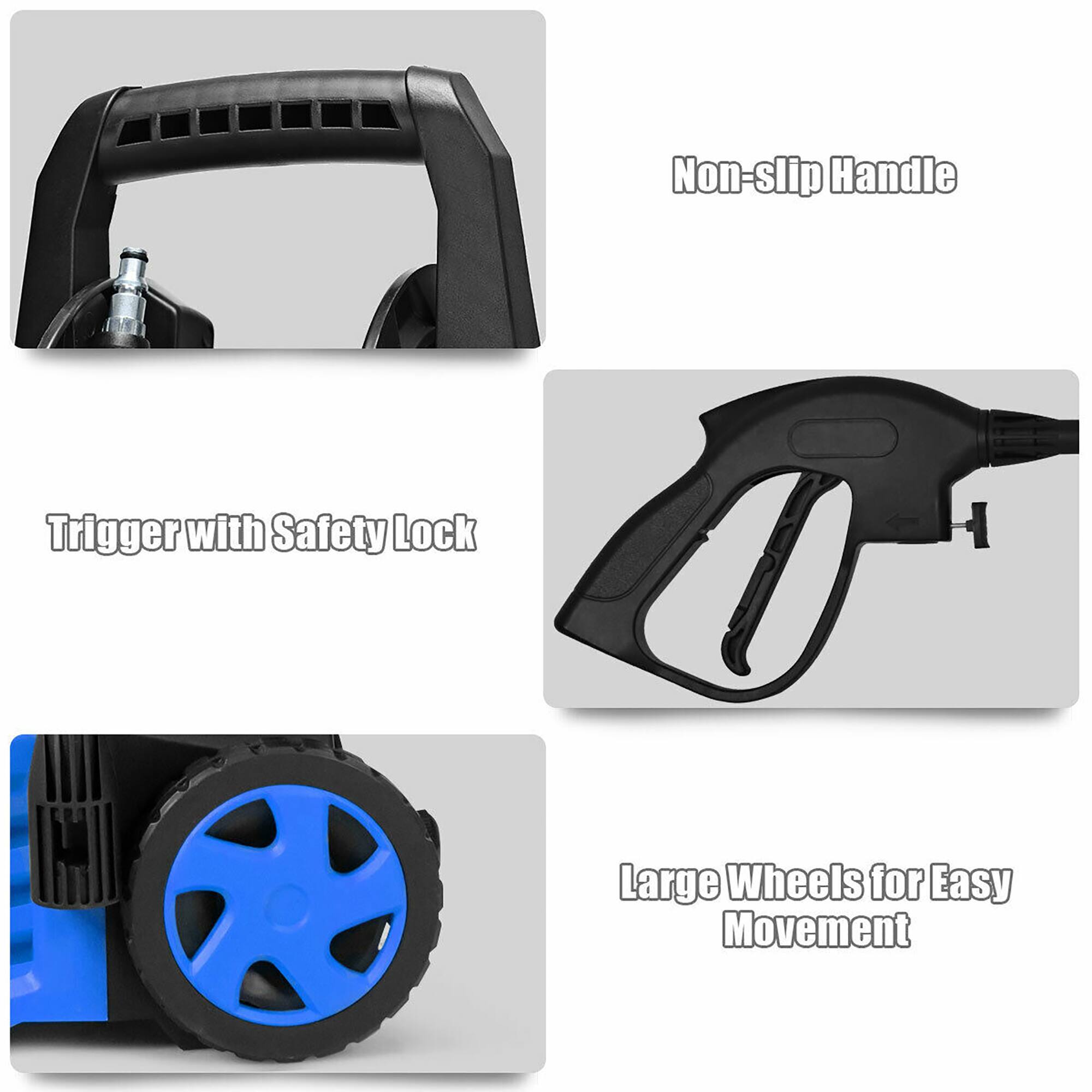- Non-slip Handle
- Trigger with Safety Lock
- Large Wheels for Easy Movement