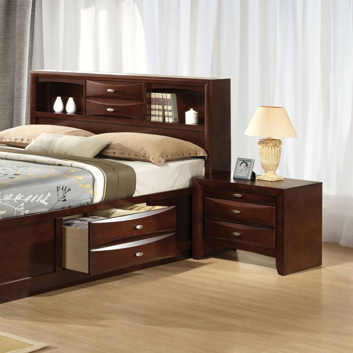 Back. Loheer - Loheer Cherry Two Drawer Nightstand with Pull Out Tray, Wood Bedside Cabinet - Cherry.