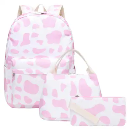 Front. Stamp n Camp - Backpack With Lunch Box Bookbag Primary Elementary Cow Print And Bag Set For - Pink.