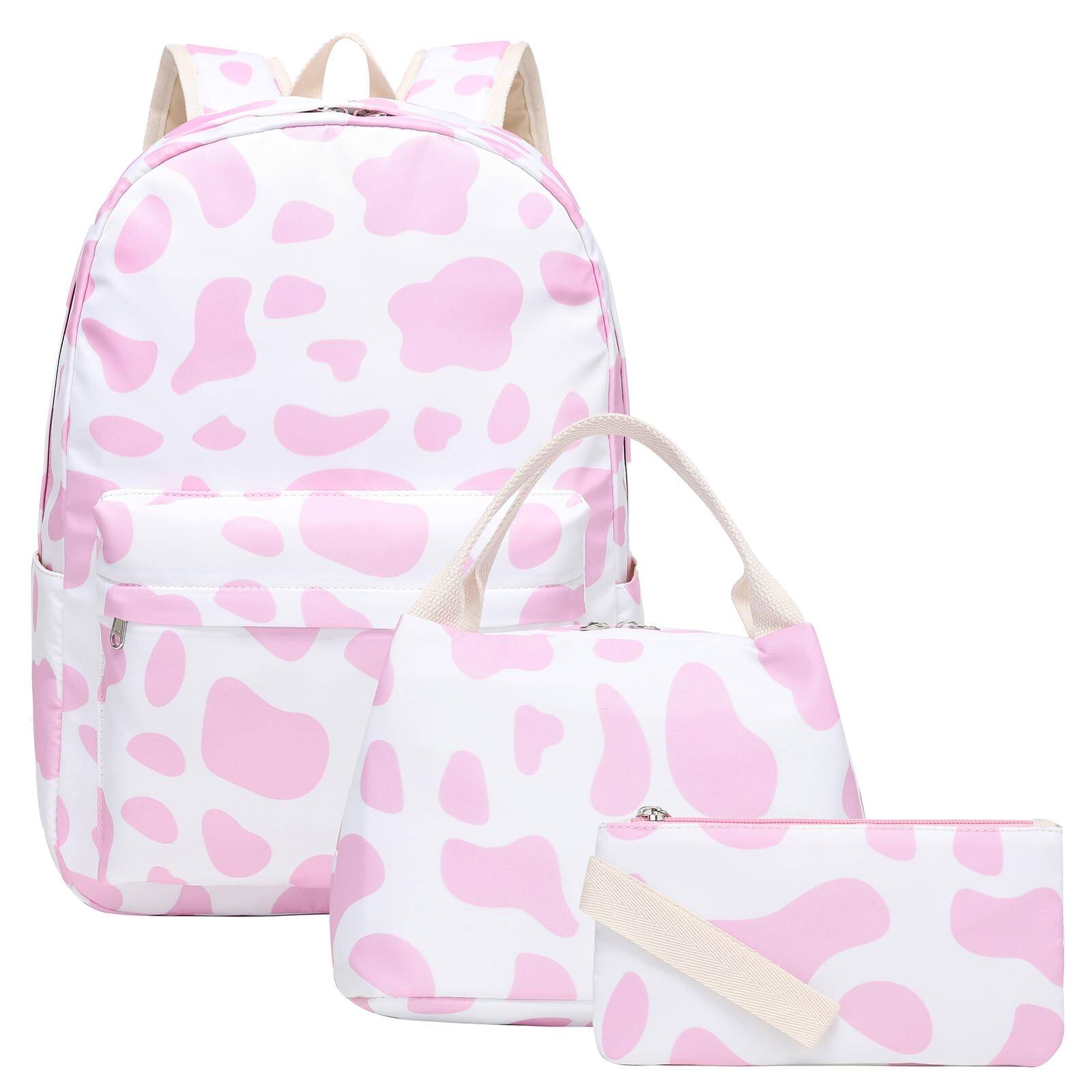 Stamp n Camp - Backpack With Lunch Box Bookbag Primary Elementary Cow Print And Bag Set For - Pink