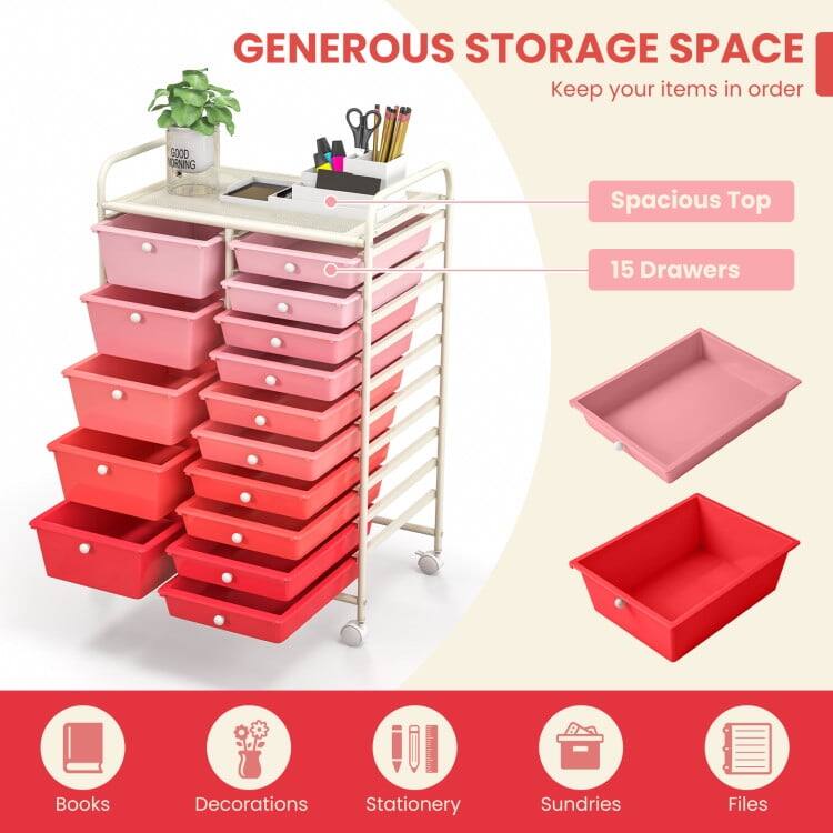 GENEROUS STORAGE SPACE  
Keep your items in order  

Spacious Top  
15 Drawers  

Books  
Decorations  
Stationery  
Sundries  
Files