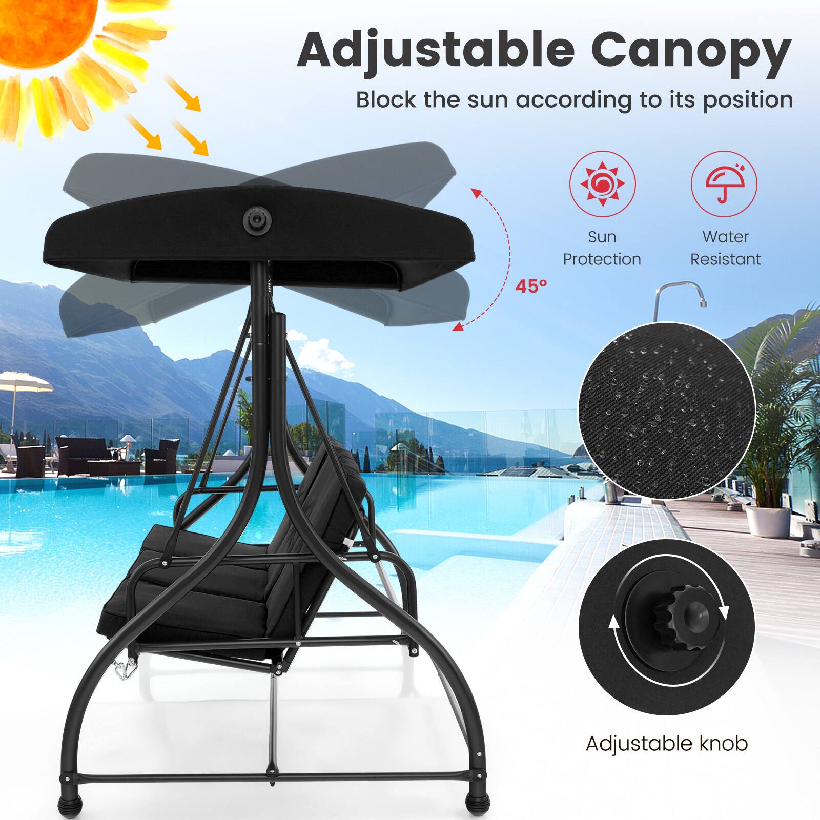 Adjustable Canopy, Block the sun according to its position, Sun Protection, Water Resistant, Adjustable knob