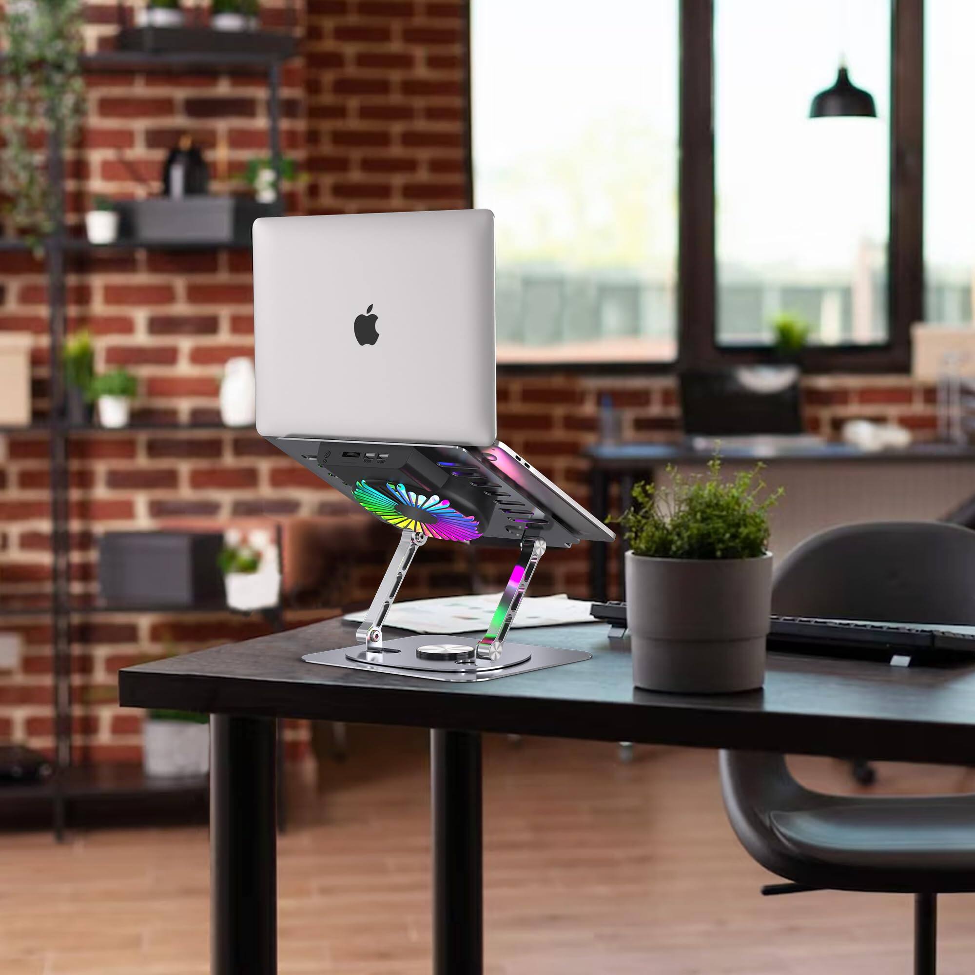 Left. HongFei - Laptop Stand, with 360° Rotating Base, External Cooling Fan, Adjustable RGB Lighting, Ergonomic Foldable Holder - Silver.