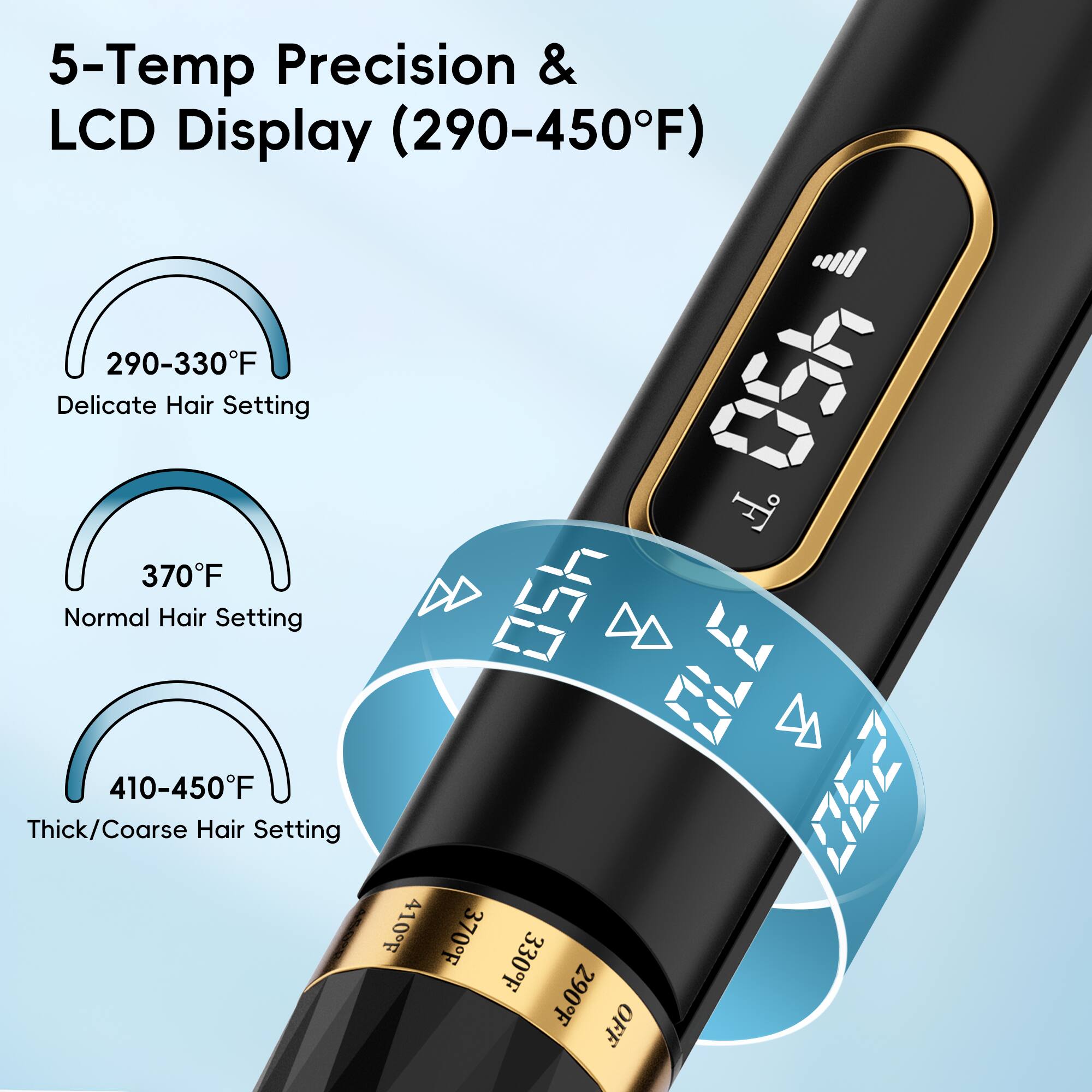 5-Temp Precision & LCD Display (290-450F)

290-330F Delicate Hair Setting
370F Normal Hair Setting
410-450F Thick/Coarse Hair Setting

290F OFF
330F
370F
410F