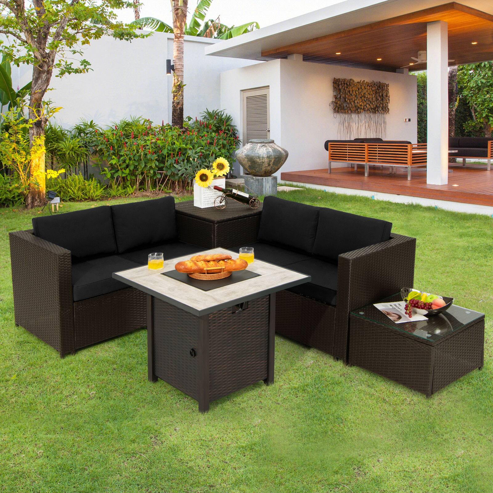Alt View 1. Costway - Costway 5PCS Patio Furniture Set with 30 Inches Gas Fire Pit Table, Cushions, Storage Box - Mix Brown & Black.