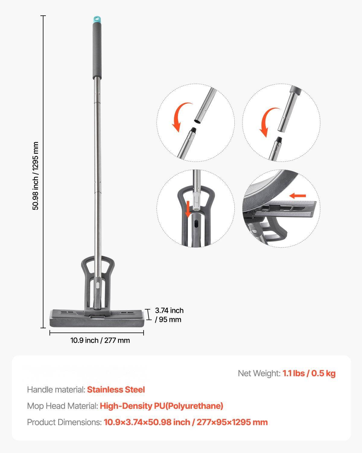 - **Handle Material:** Stainless Steel
- **Mop Head Material:** High-Density PU (Polyurethane)
- **Product Dimensions:** 10.9x3.74x50.98 inch / 277x95x1295 mm
- **Net Weight:** 1.1 lbs / 0.5 kg