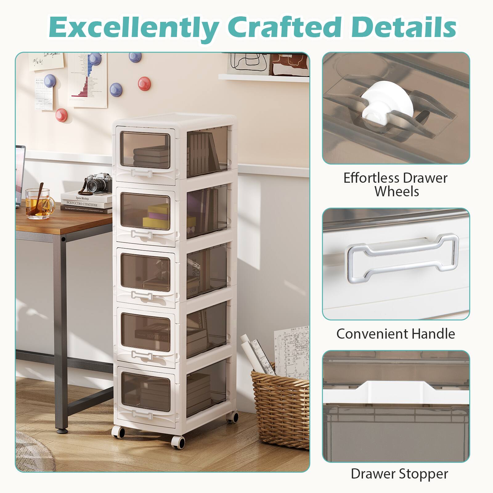 Excellently Crafted Details

- Effortless Drawer Wheels
- Convenient Handle
- Drawer Stopper