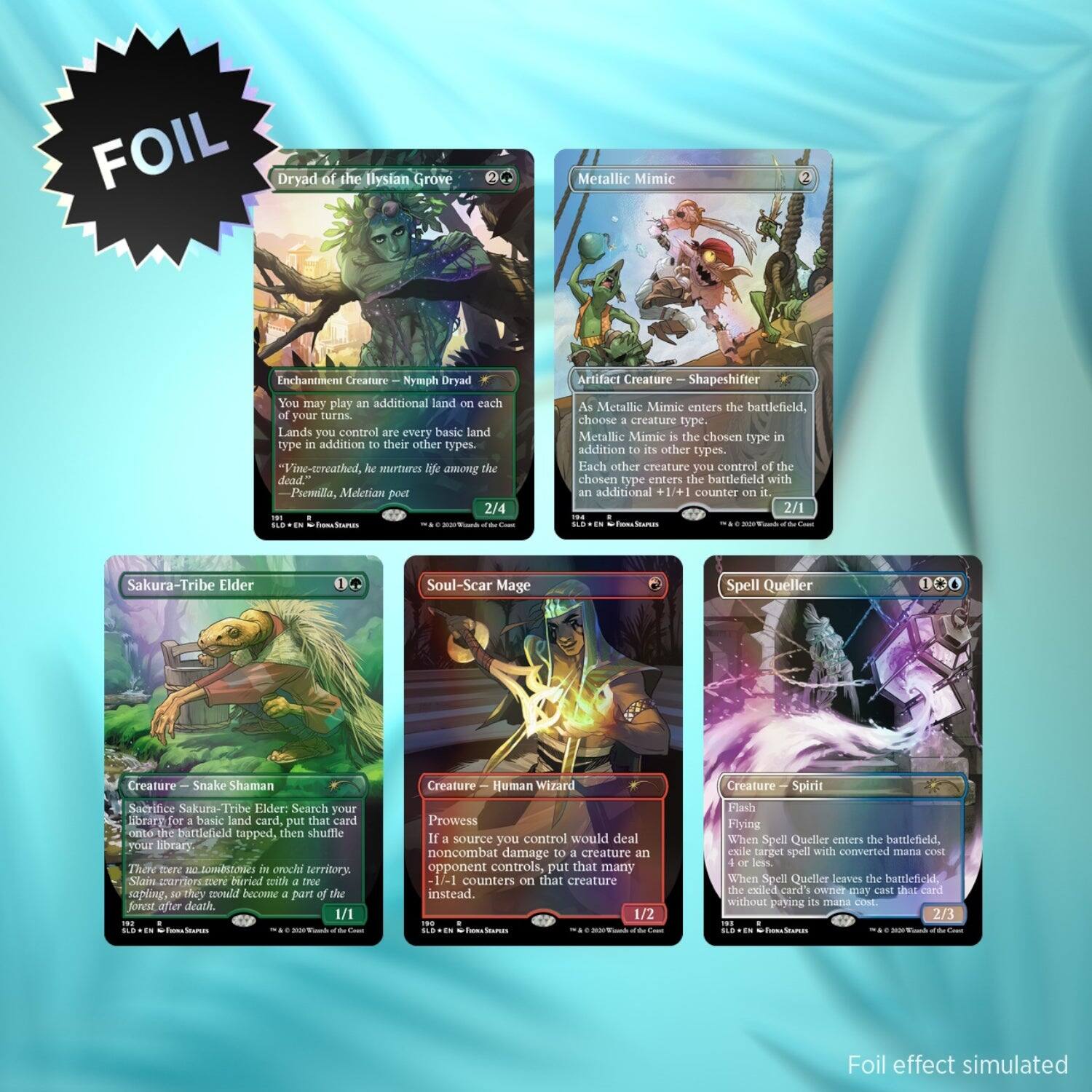 FOIL Dryad of the Ilysian Grove  
Enchantment Creature — Nymph Dryad  
You may play an additional land each turn.  
Lands you control are every basic land type in addition to their other types.  
"Vine-treachthed, he nurtures life among the dead."  
Premilla, Melodian post  
2/4  

Metallic Mimic  
Artifact Creature — Shapeshifter  
As Metallic Mimic enters the battlefield, choose a creature type.  
Metallic Mimic is the chosen type in addition to its other types.  
Each other creature you control of the chosen type enters the battlefield with an additional +1/+1 counter on it.  
2/1  

Sakura-Tribe Elder  
Creature — Snake Shaman  
Sacrifice Sakura-Tribe Elder: Search your library for a basic land card, put that card onto the battlefield tapped, then shuffle your library.  
The were no shamans in the forest territory. Slain warriors were buried with a tree sapling, so they would become a part of the forest after death.  
1/1  

Soul-Scar Mage  
Creature — Human Wizard  
Prowess  
If a source you control would deal noncombat damage to a creature or