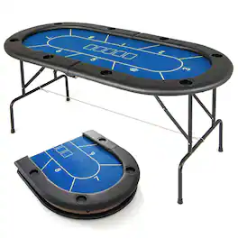 Costway - 8 Players Card Board Game Table with 8 Cup Holders Casino-Grade Felt Surface - Blue