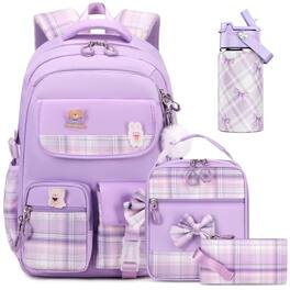 Live At Space - Backpack For With Insulated Water Bottle Bow Tie Plaid Bookbag 14oz Termos Stainless Steel Lunch Bag Pencial Case To - Purple