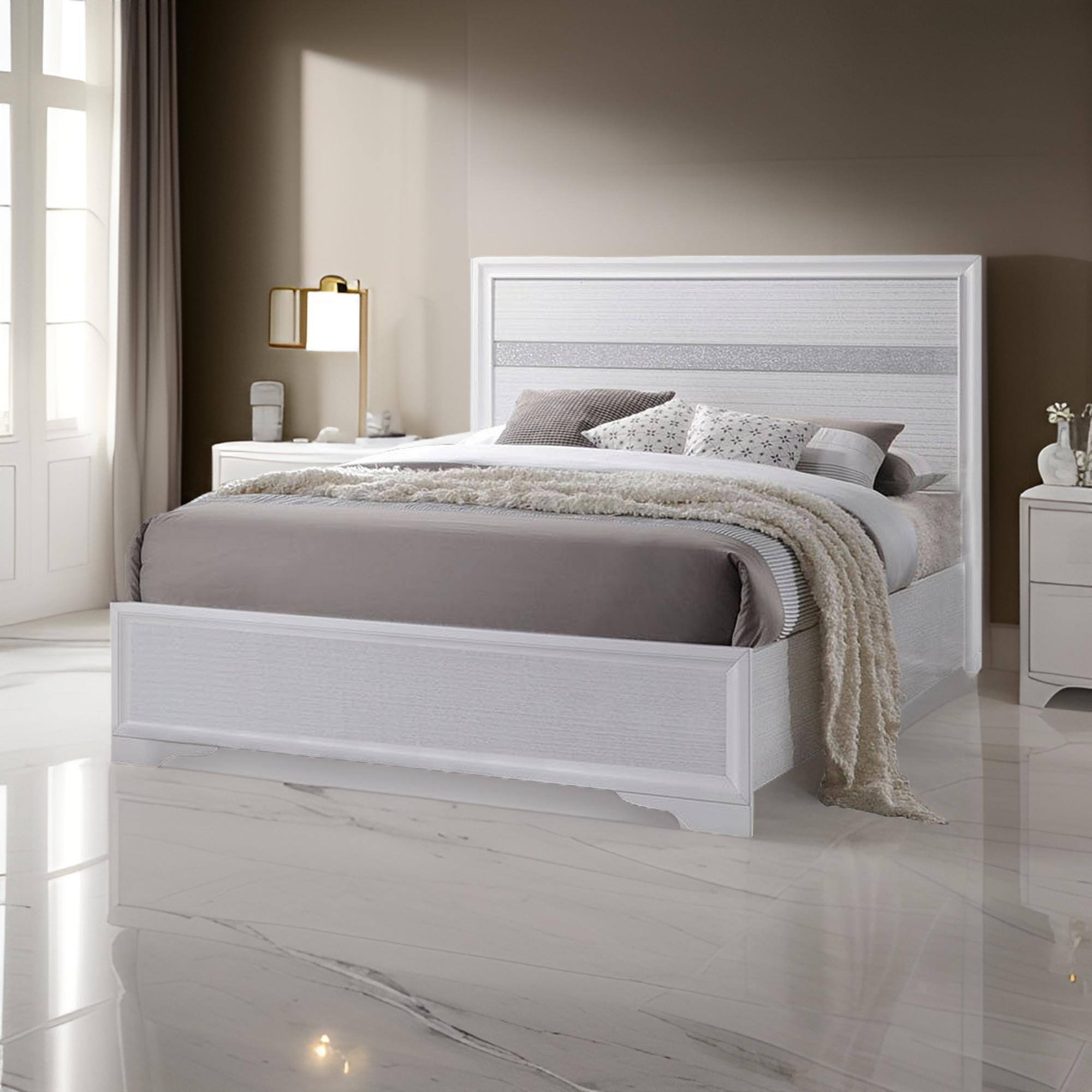 Alt View 5. Manhattan Lane - Wooden Twin Size bed with Bracket Legs and Crystal Accented Headboard, White - White.