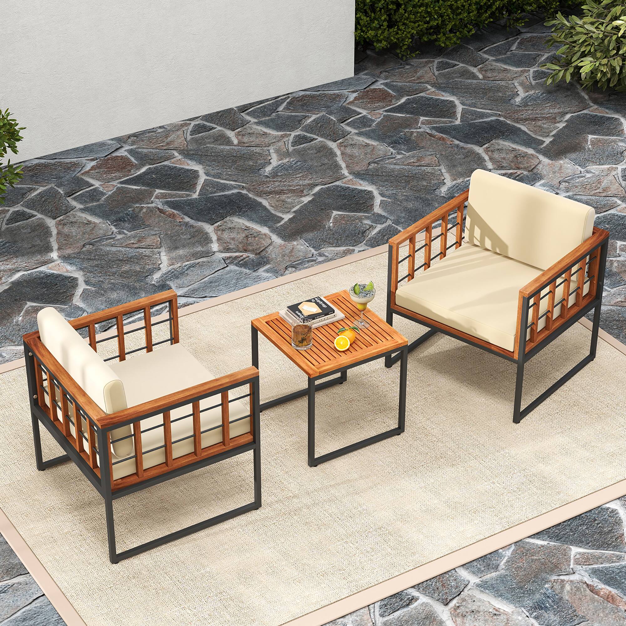 Alt View 3. Gymax - Gymax 3 Pieces Patio Furniture Set Acacia Wood Bistro Conversation Set w/ 2 Cushioned Chairs Beige - Beige, Natural, Black.