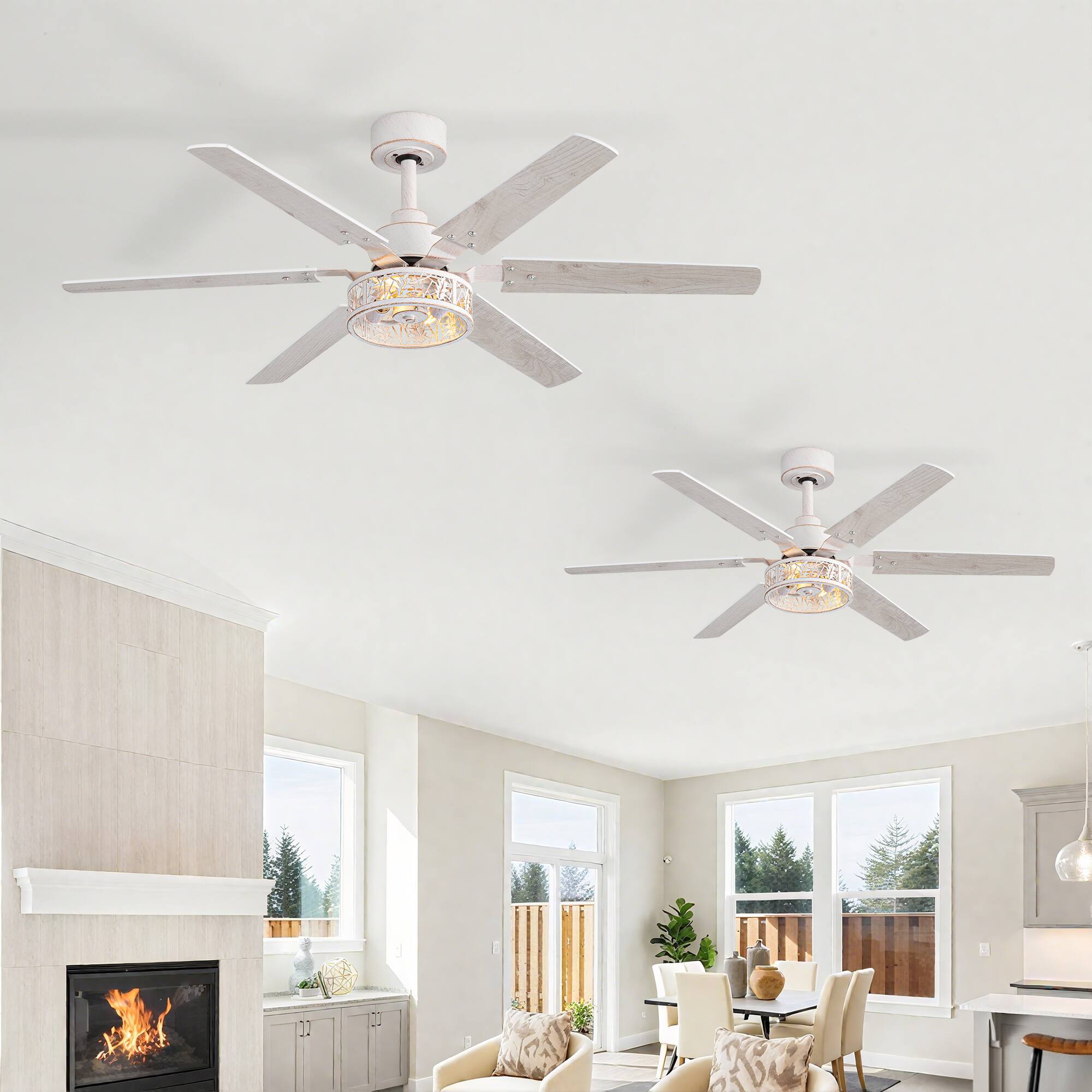 Breezary - 46-In Indoor 2-Pack Ceiling Fan with 6 Plywood Blades, DC Motor, 6-Speed Remote, Timer with Memory Function - Distressed White and Gold