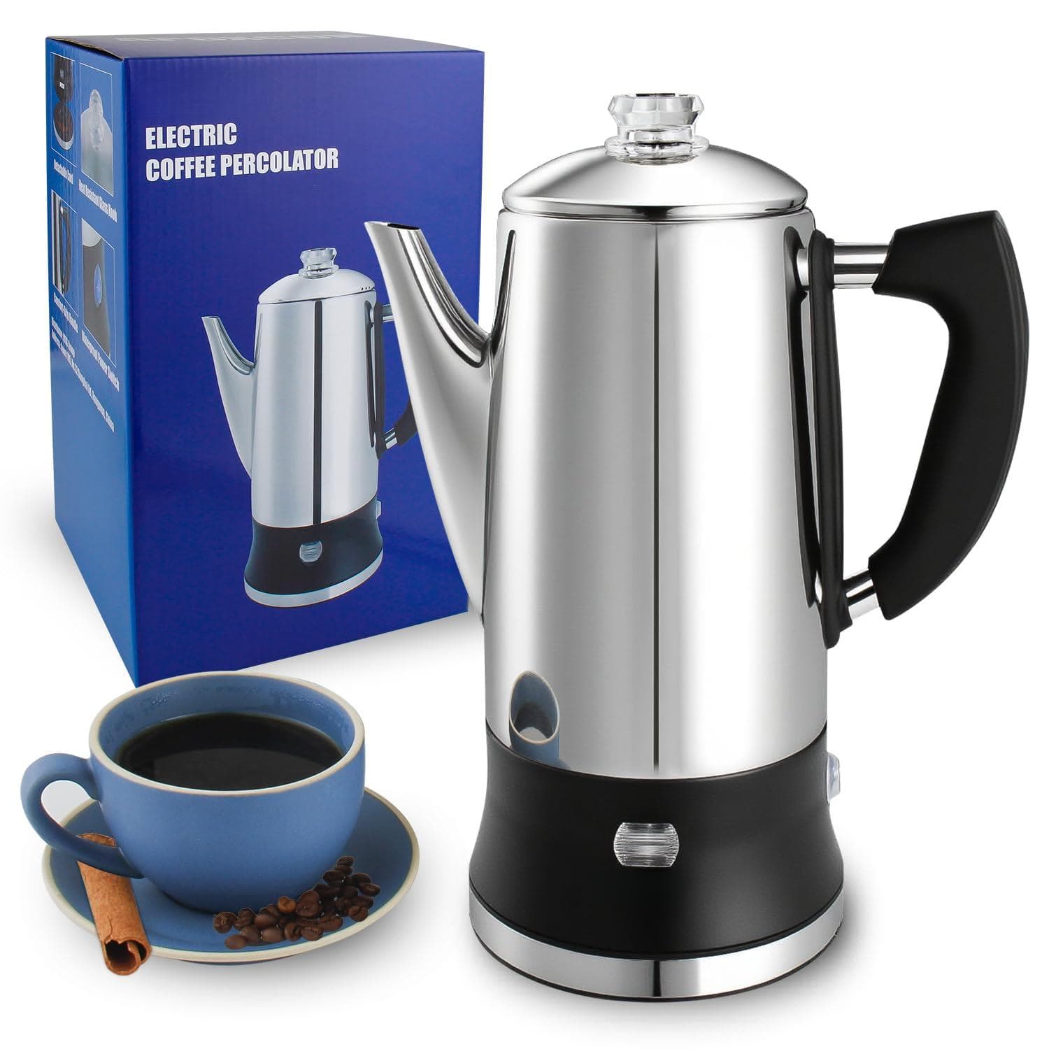 Dapper Styles - Electric Coffee Percolator Stainless Steel Maker With Clear Brew Progress Tough Glass Knob And On/off Class - Stainless Steel-12 Cup