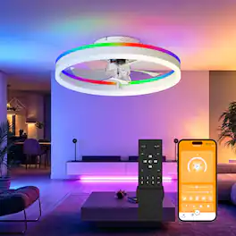 Loheer - RGB Flush Mount Ceiling Fan with Light, Low Profile White Ceiling Fan, Remote App Control, Reversible