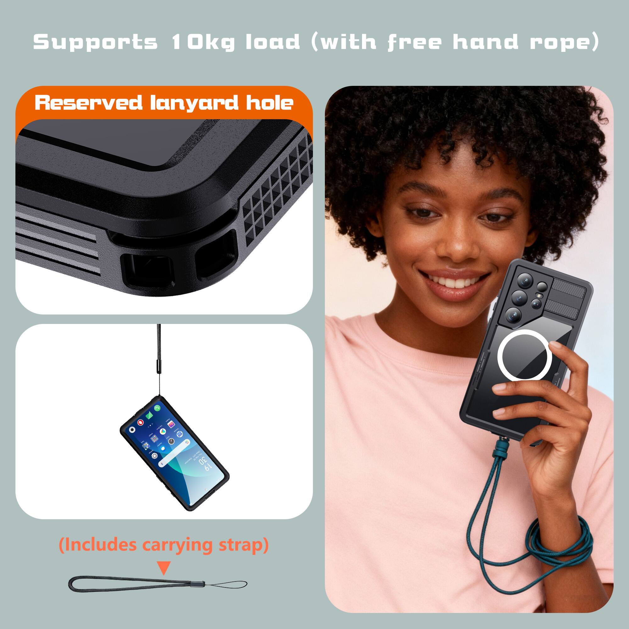 Supports 10kg load (with free hand rope)  
Reserved lanyard hole  
(Includes carrying strap)