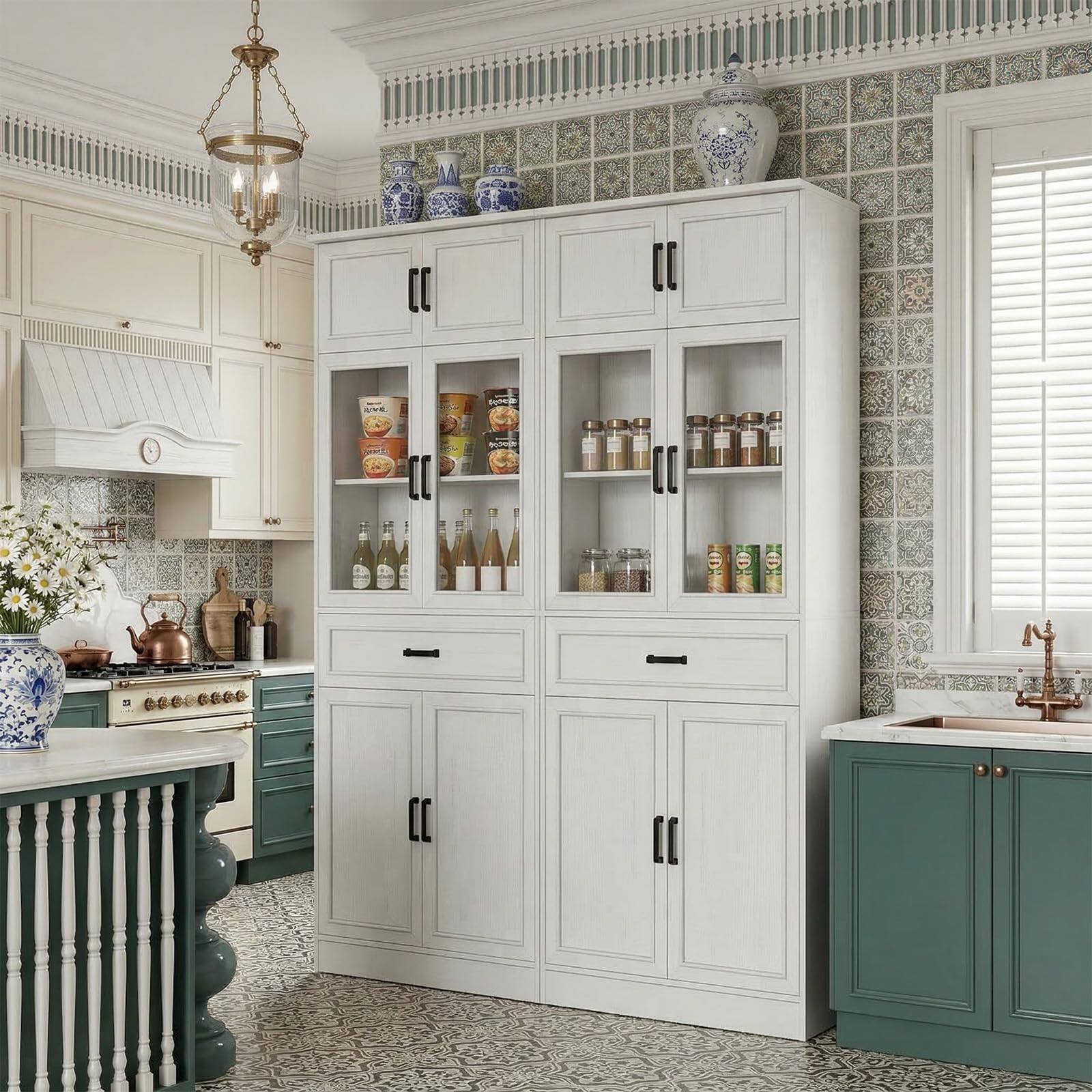 Left. Aheaplus - 2-Pack 80" Tall Kitchen Pantry: Glass Doors, Adjustable Shelves & Drawer,Ships in 2 Packages - White.