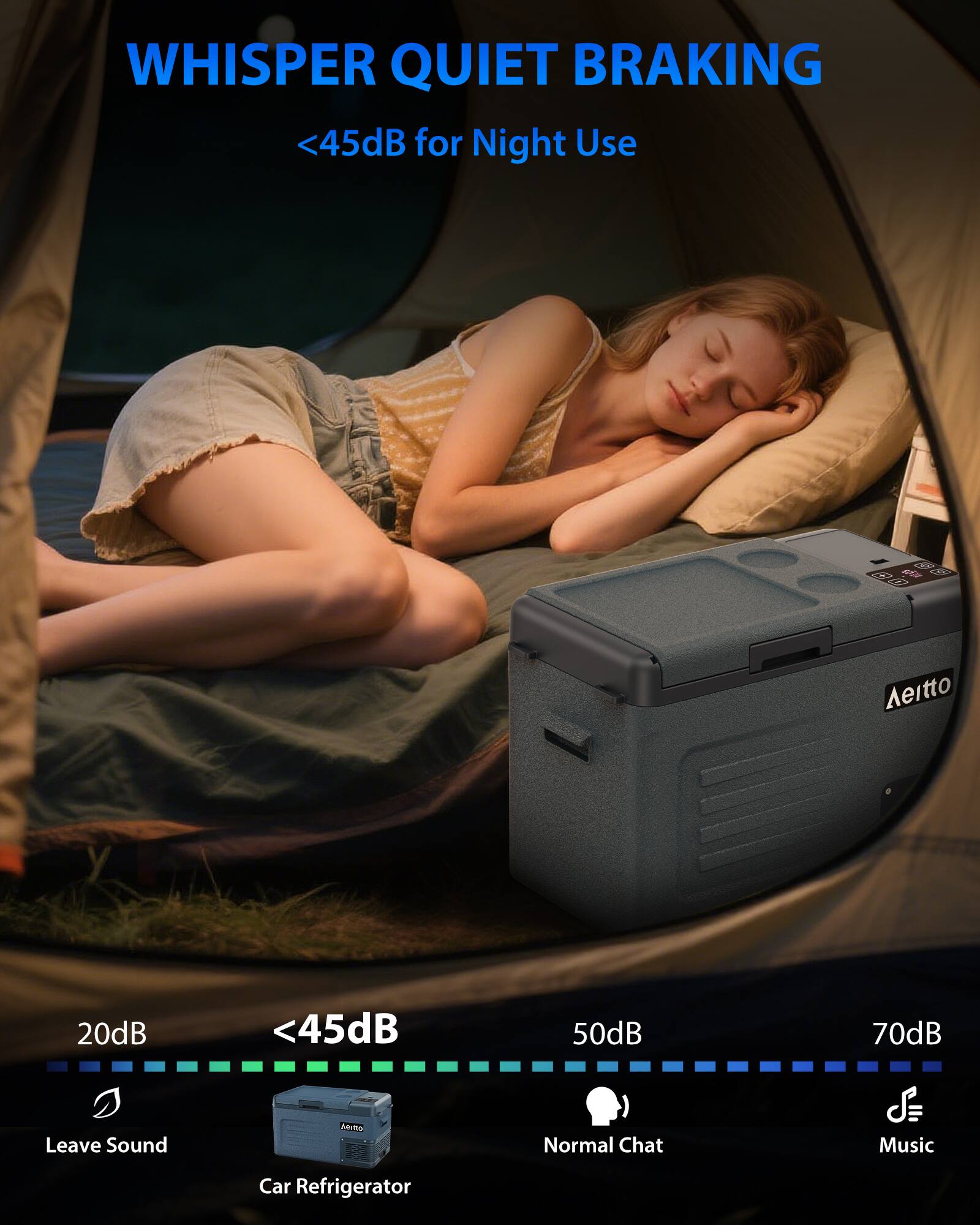 WHISPER QUIET BRAKING  
<45dB for Night Use  

20dB  
<45dB  
50dB  
70dB  

Leave Sound  
Car Refrigerator  
Normal Chat  
Music