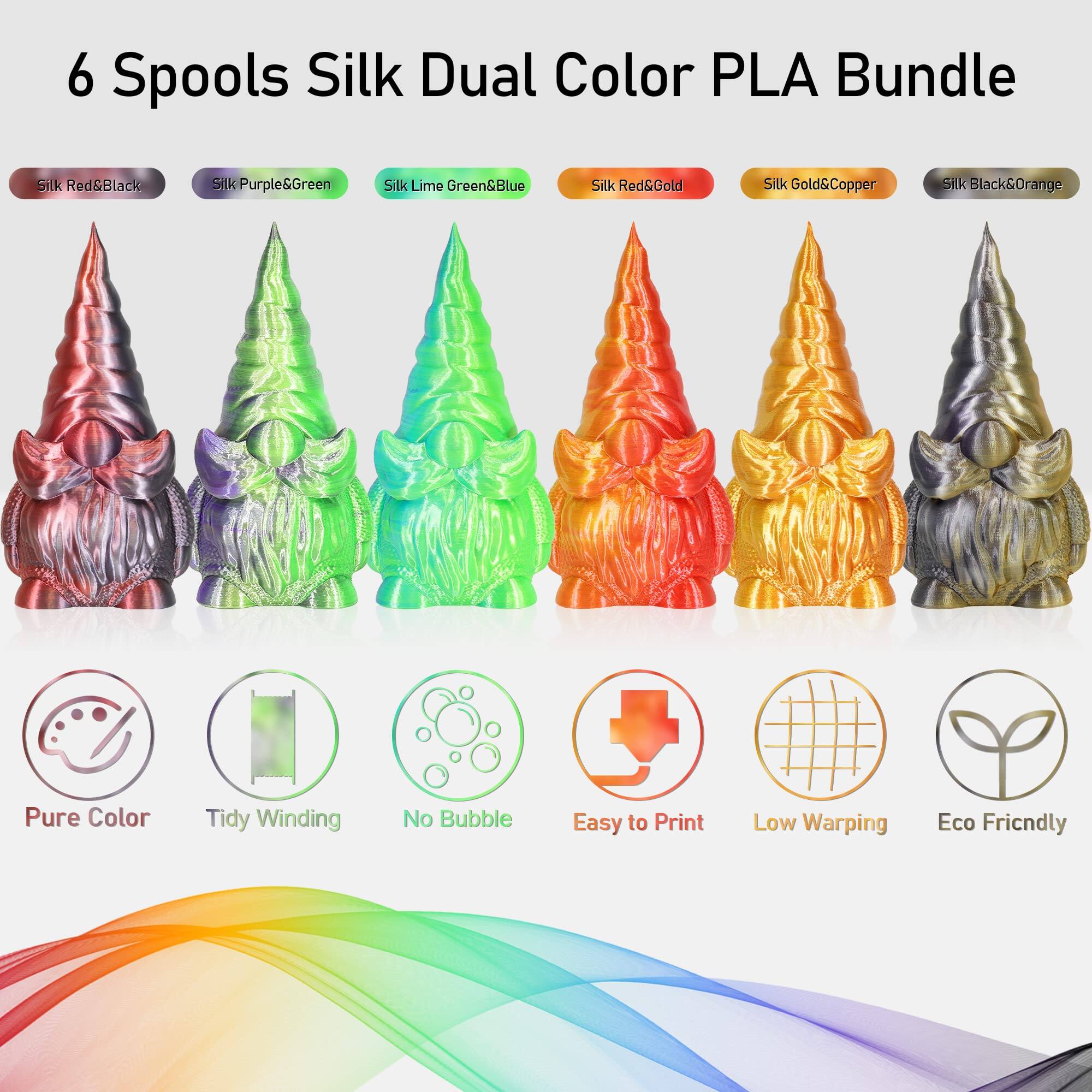 6 Spools Silk Dual Color PLA Bundle

- Silk Red&Black
- Silk Purple&Green
- Silk Lime Green&Blue
- Silk Red&Gold
- Silk Gold&Copper
- Silk Black&Orange

Pure Color  
Tidy Winding  
No Bubble  
Easy to Print  
Low Warping  
Eco Friendly