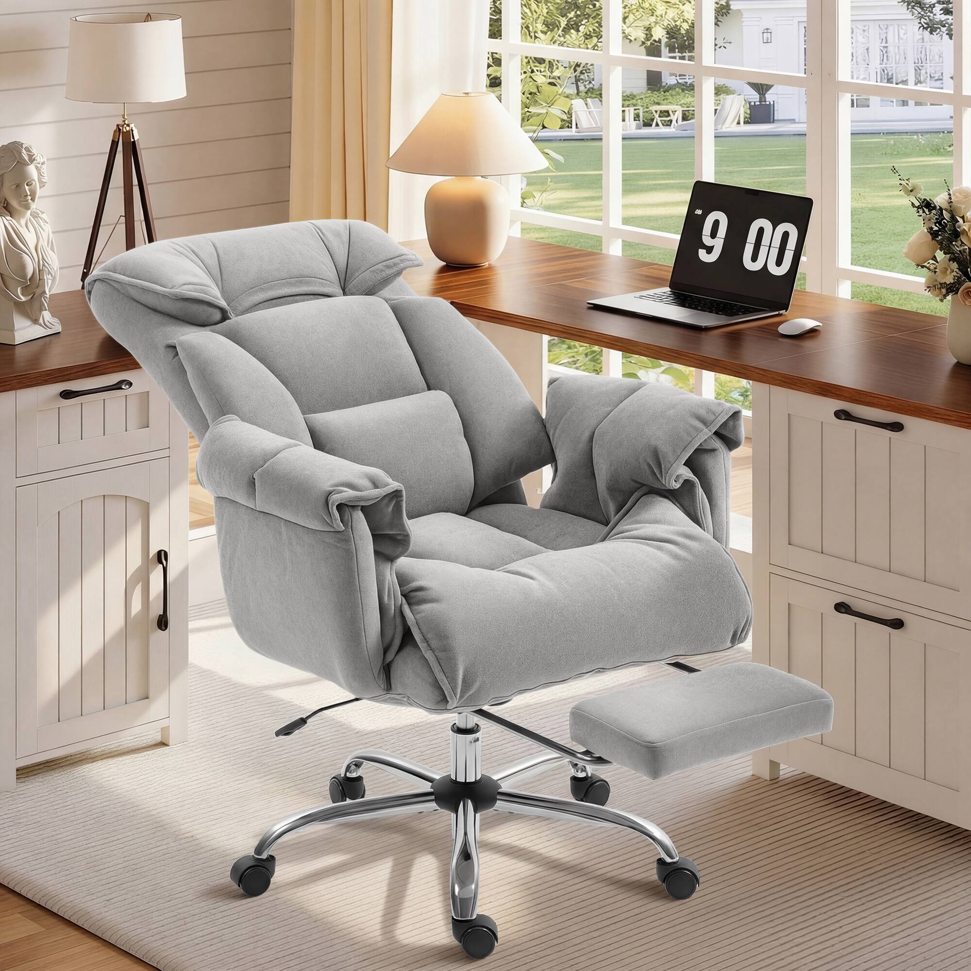 Alt View 1. Homcom - Back Office Chair, Reclining Desk Chair with Footrest, High Resilience Foam, Rolling Wheels - Light Gray.