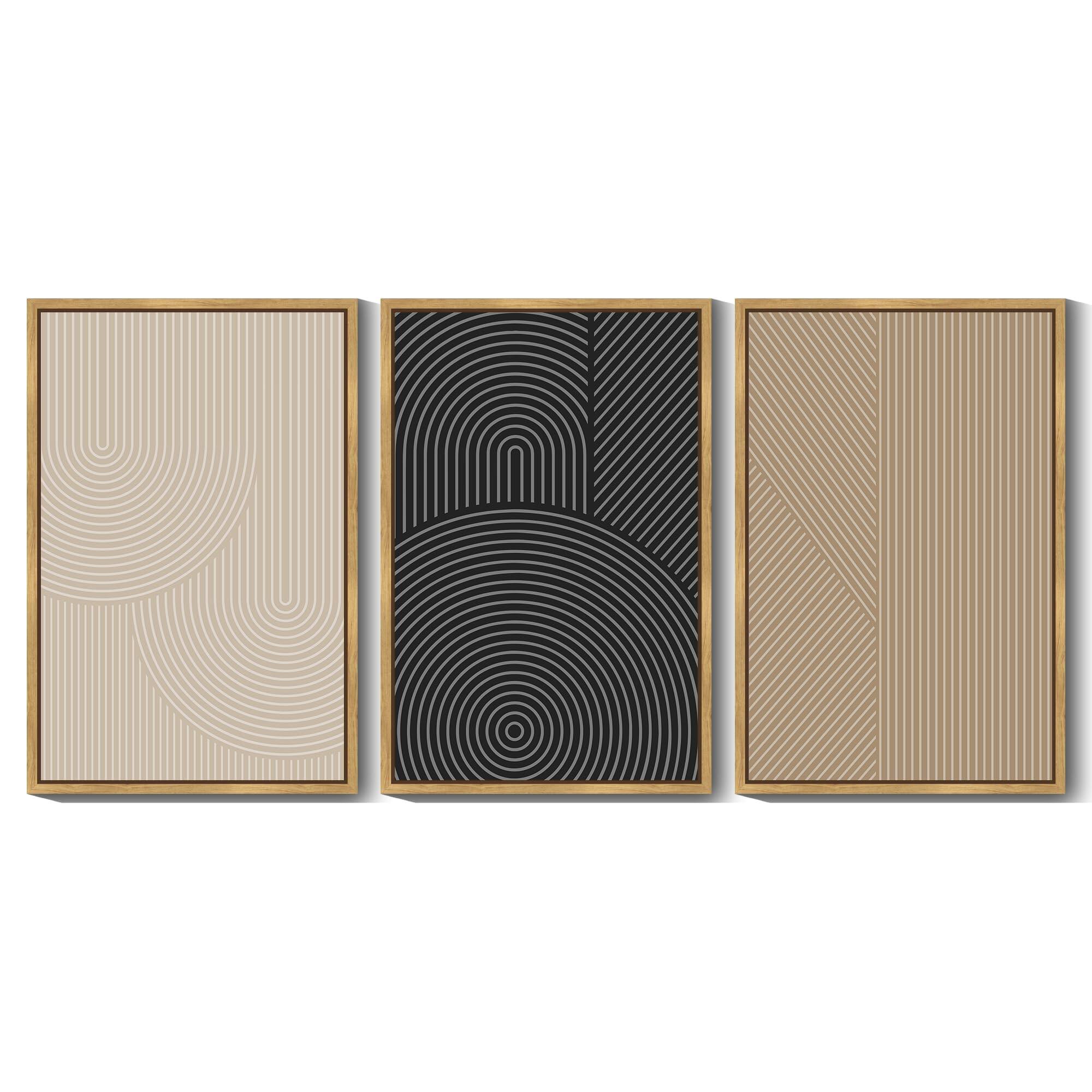 Front. Hirose Alice - Drsoum Mid-Century Modern Framed Wall Art Minimalist Abstract Boho Neutral Line Wall Decor Geometric Artwork - Mid-Century Modern 24" x36" x3pcs, Natural Framed.