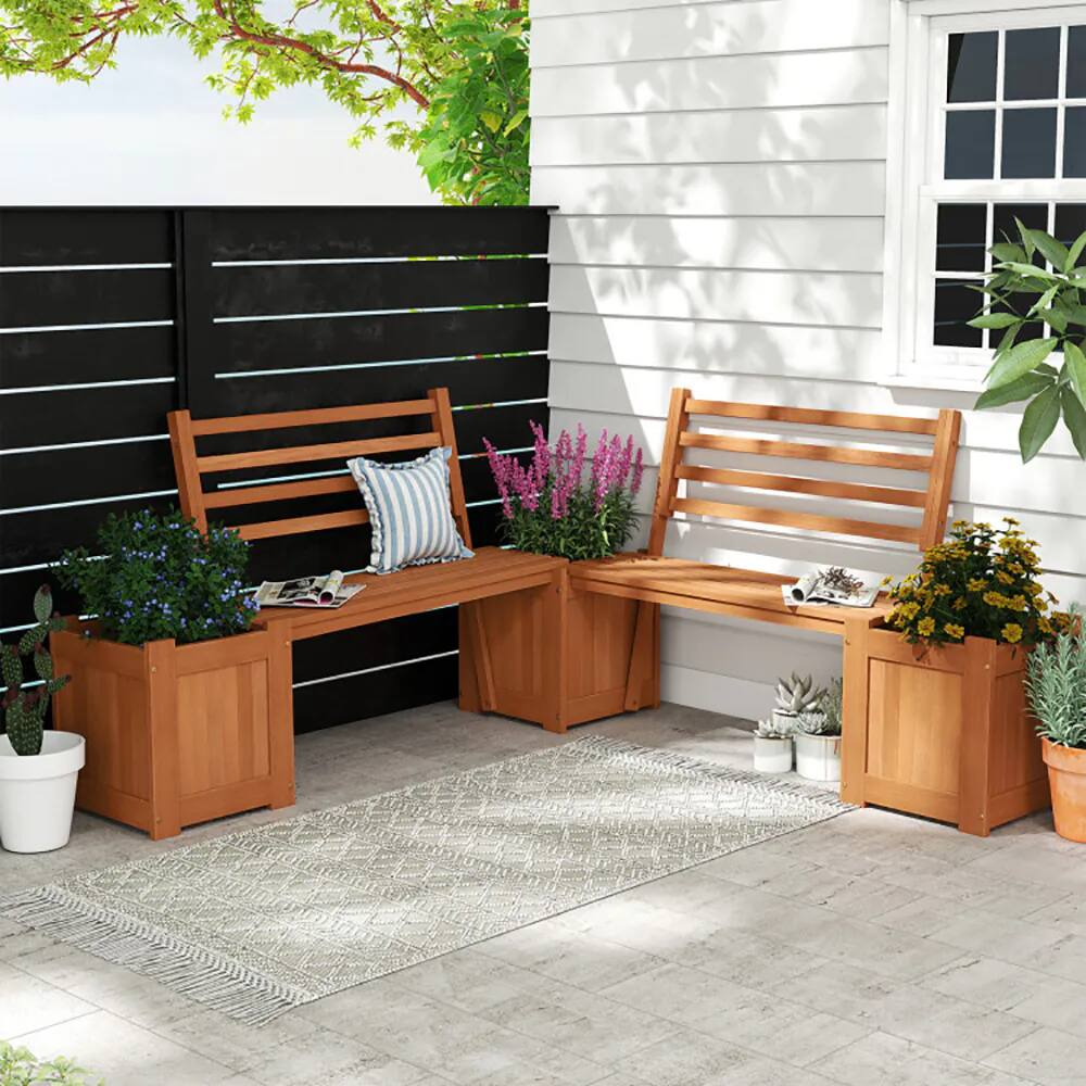 Alt View 5. Bestier - Outdoor Planter Box Wooden Bench Set with 2 Open-ended Planter Boxes and Salt Backrest Boxes - Brown.