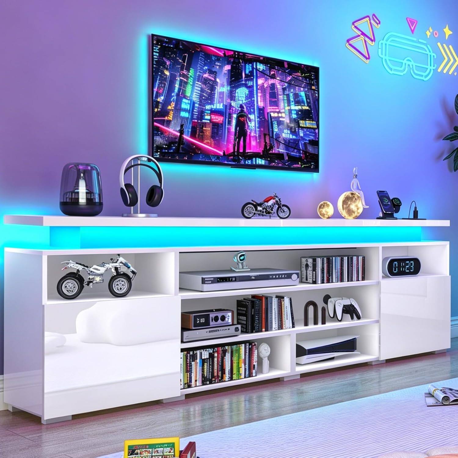 Espafurni - 82.6" LED TV Stand for 95" TV, High Gloss, Charging Station & LED Lights – Modern Media Console - White