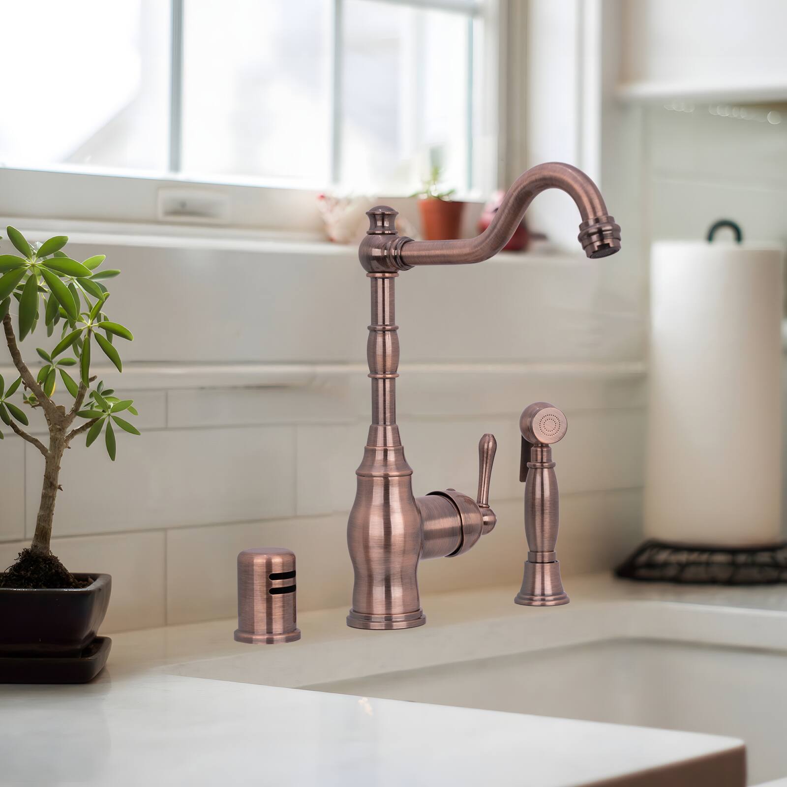 Alt View 5. Akicon - Akicon Solid Brass One-Handle 360° Swivel Widespread Kitchen Faucet with Side Spray in Antique Copper - Antique Copper.