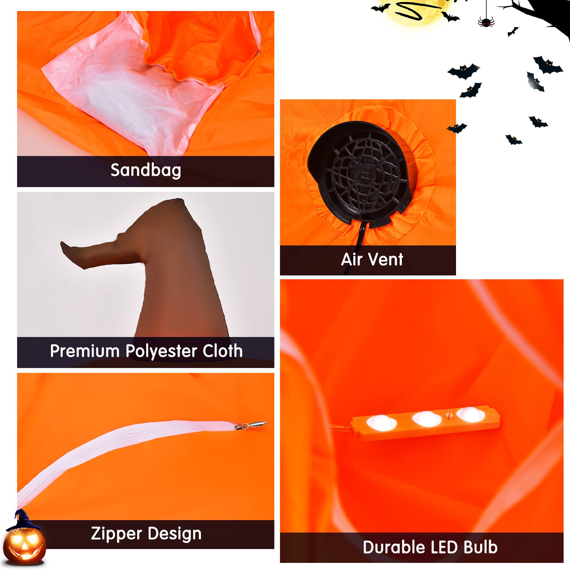 The text on the image is grouped and corrected as follows:

1. Sandbag
2. Air Vent
3. Premium Polyester Cloth
4. Zipper Design
5. Durable LED Bulb